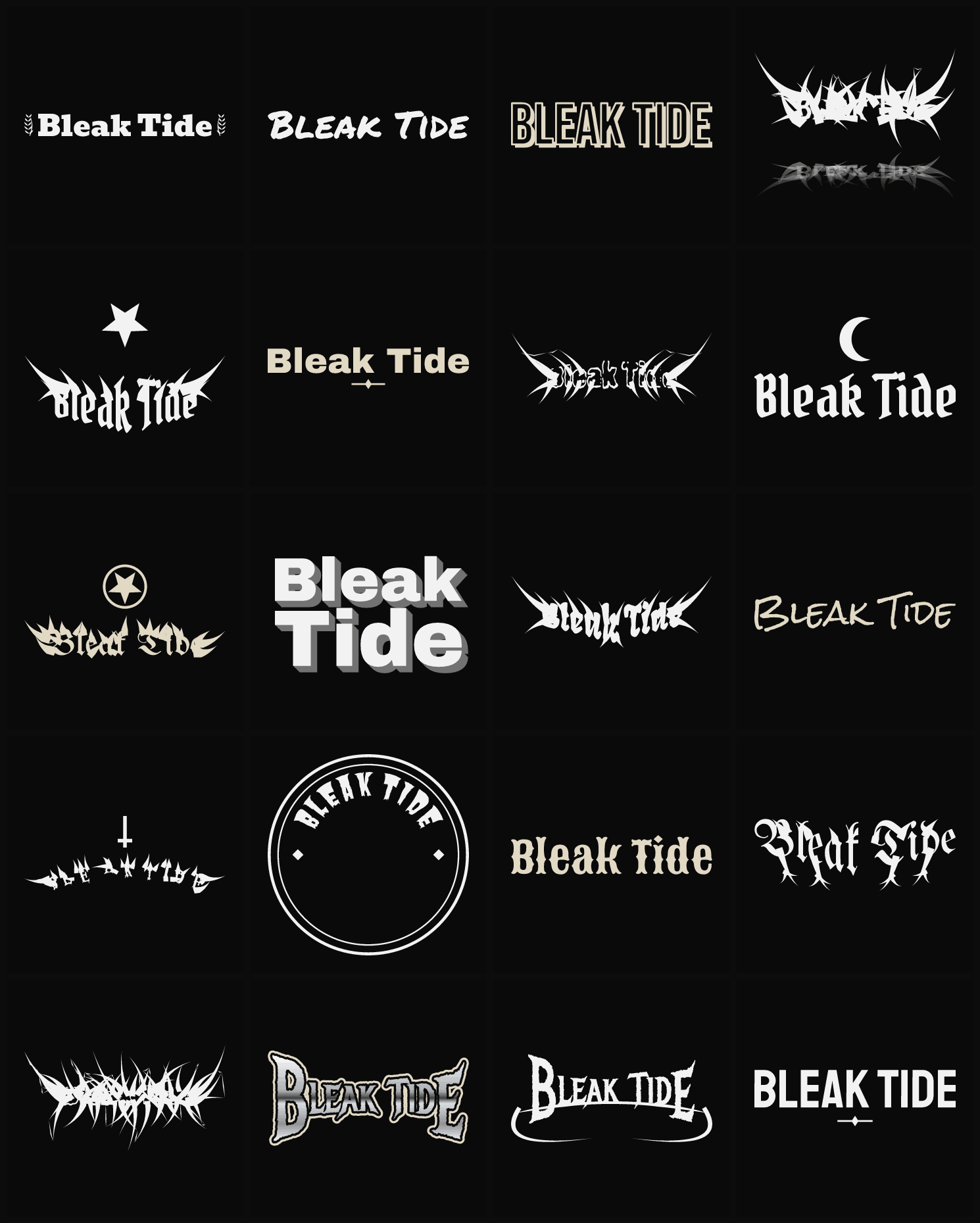 Twenty Bleak Tide band logo ideas — different faces, treatments and spike settings