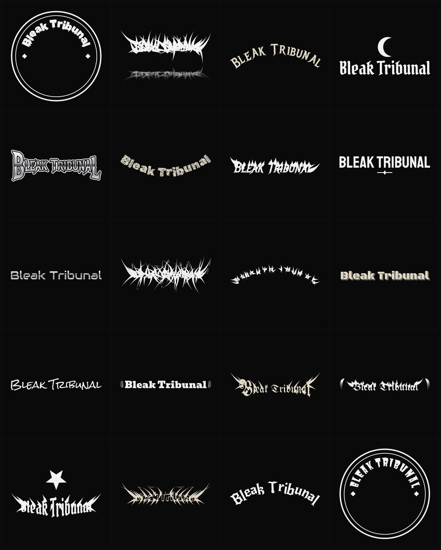 Twenty Bleak Tribunal band logo ideas — different faces, treatments and spike settings