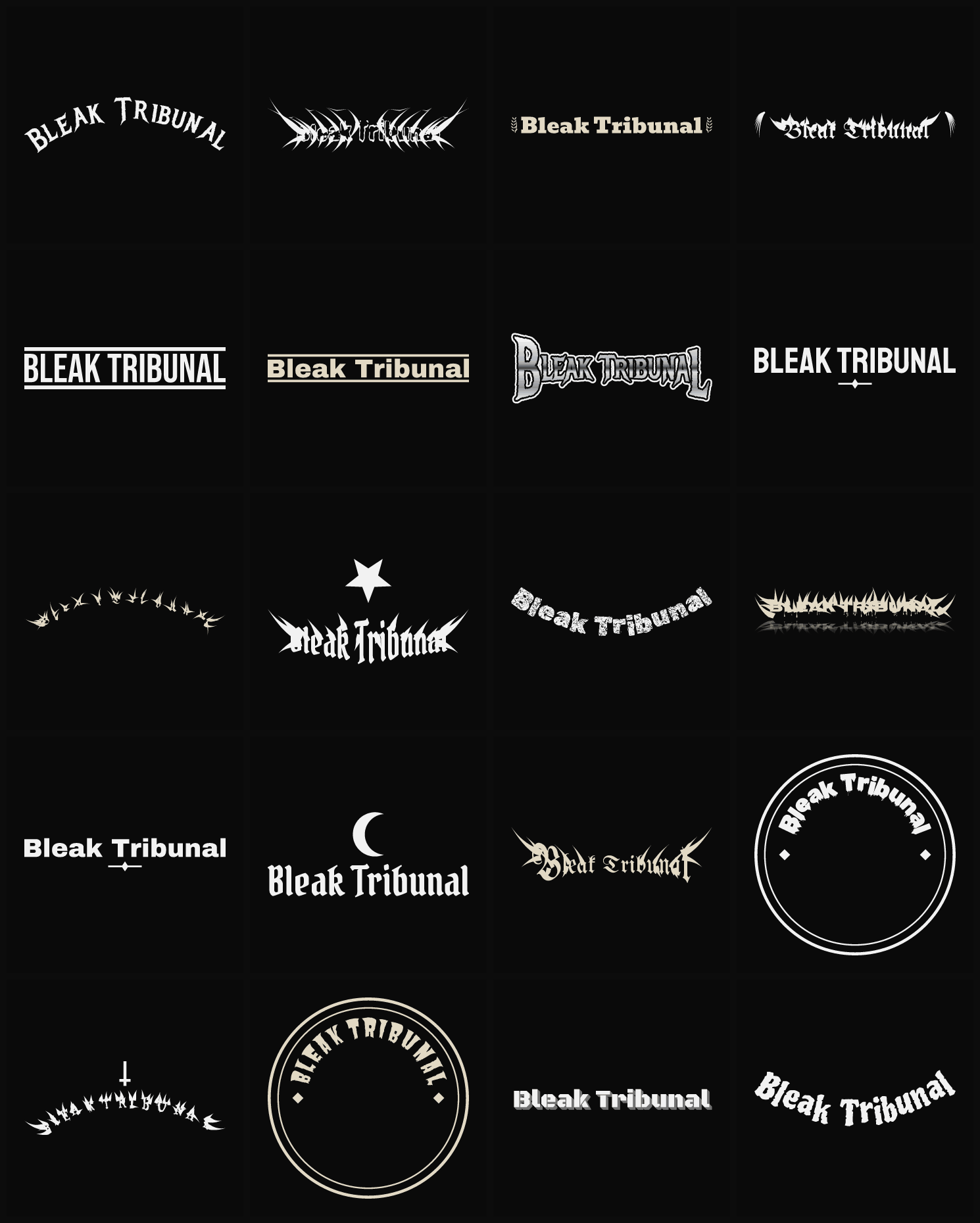 Twenty Bleak Tribunal band logo ideas — different faces, treatments and spike settings