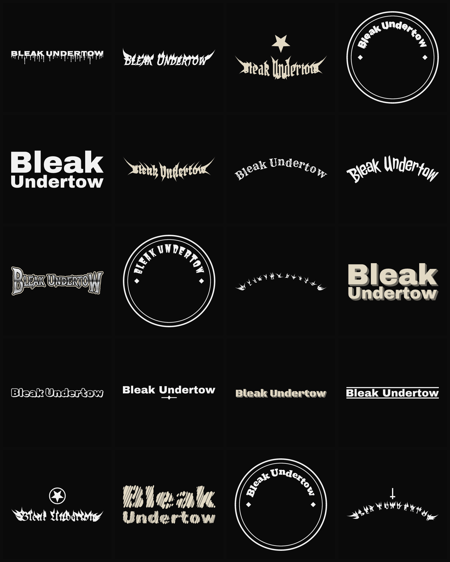 Twenty Bleak Undertow band logo ideas — different faces, treatments and spike settings