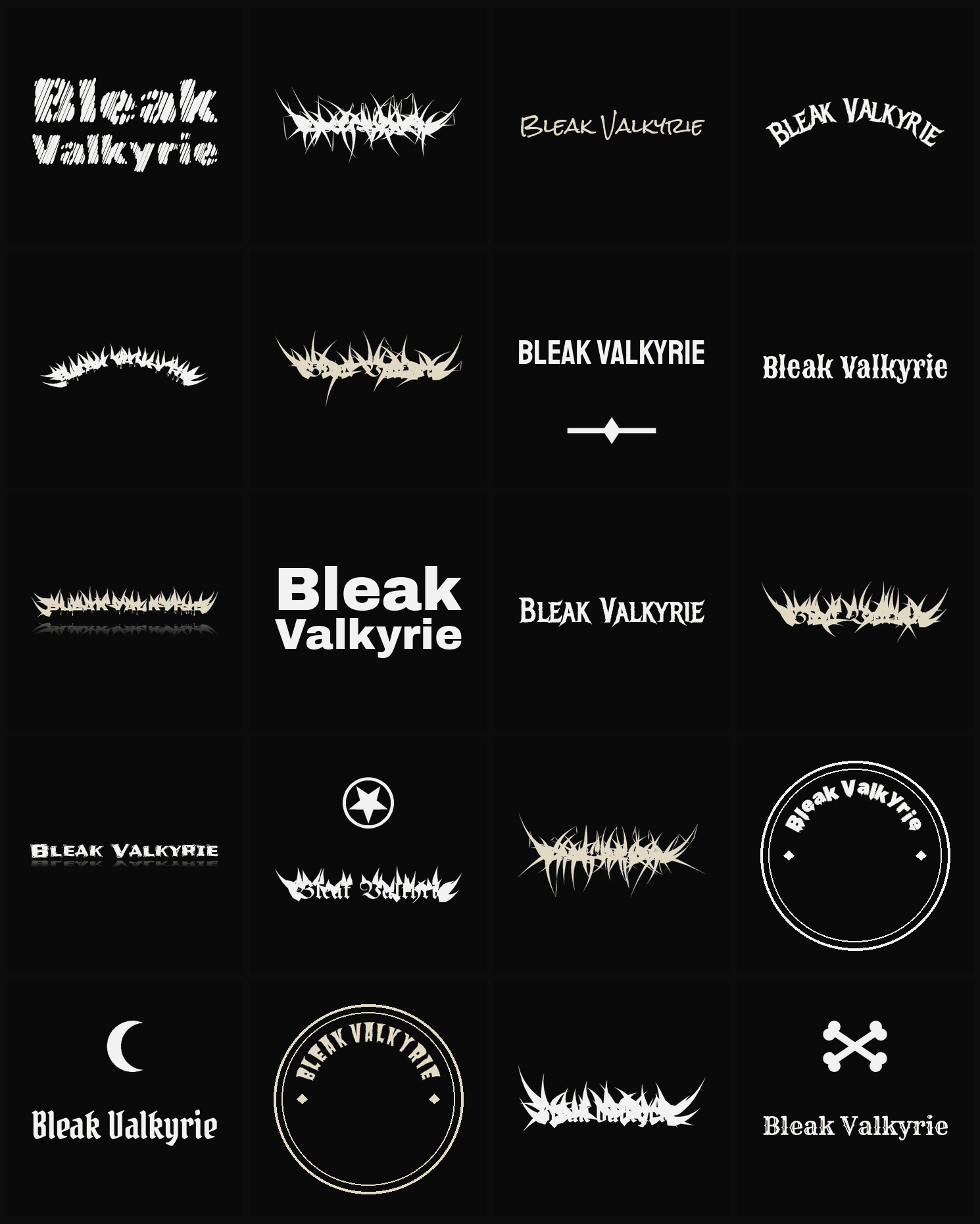 Twenty Bleak Valkyrie band logo ideas — different faces, treatments and spike settings