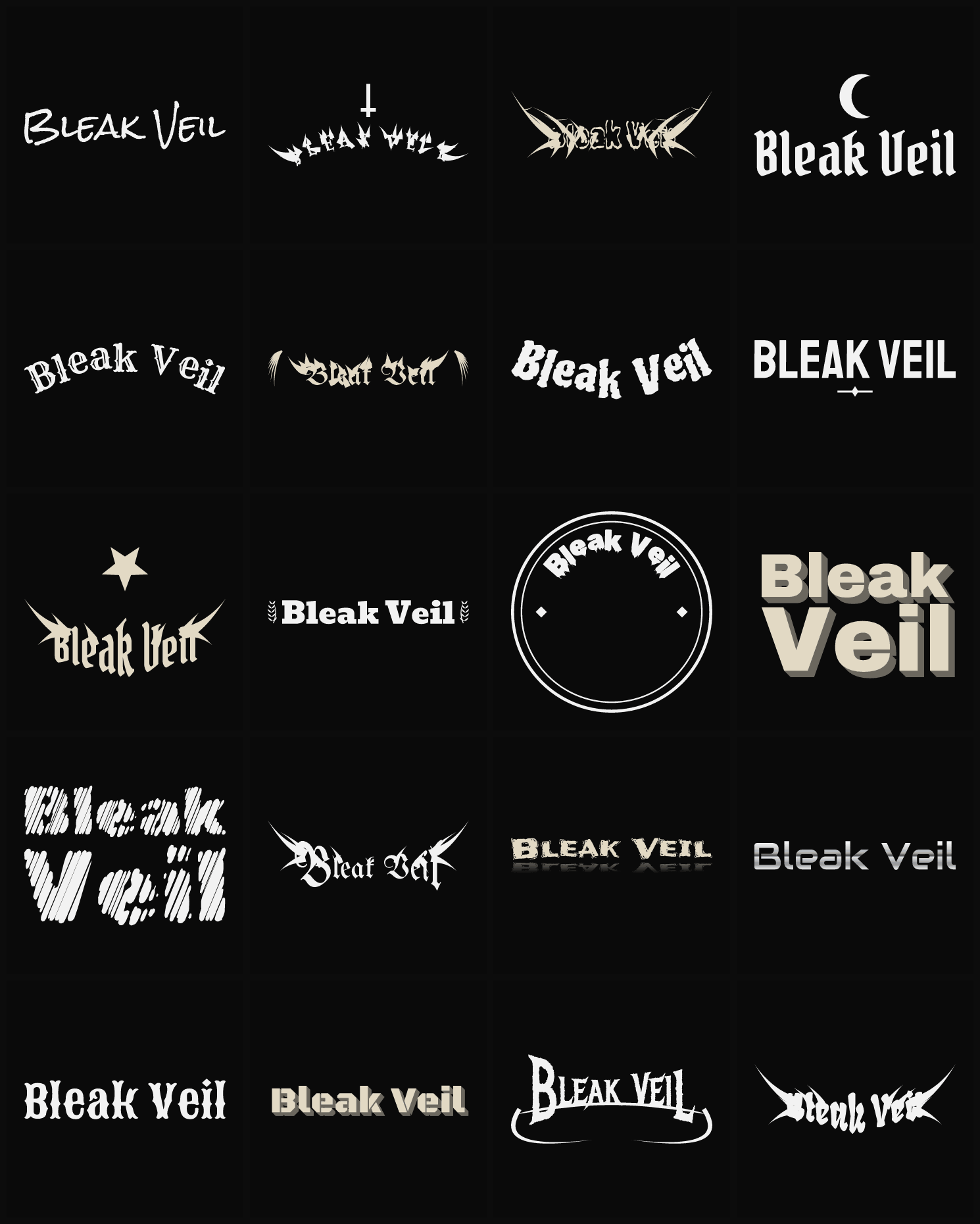 Twenty Bleak Veil band logo ideas — different faces, treatments and spike settings