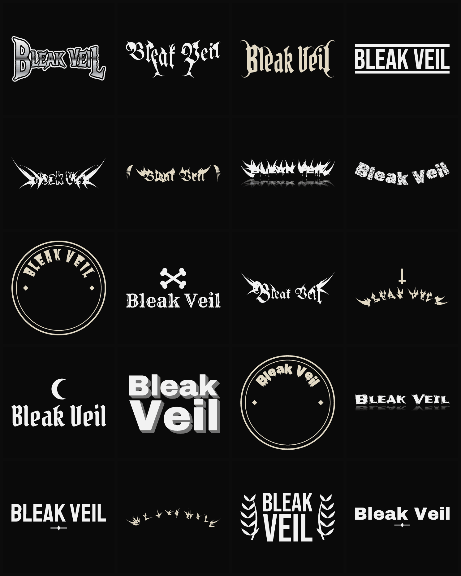Twenty Bleak Veil band logo ideas — different faces, treatments and spike settings