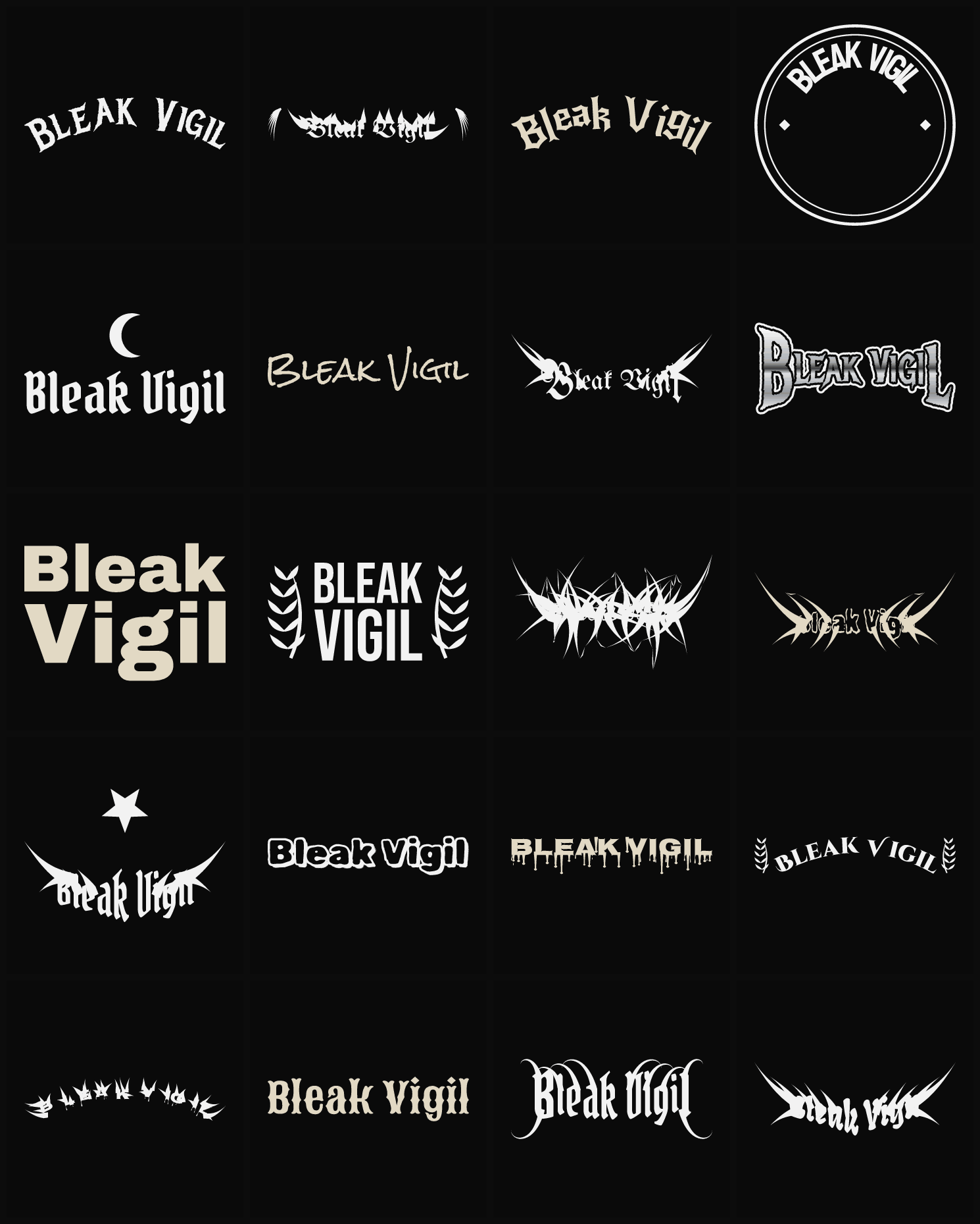Twenty Bleak Vigil band logo ideas — different faces, treatments and spike settings