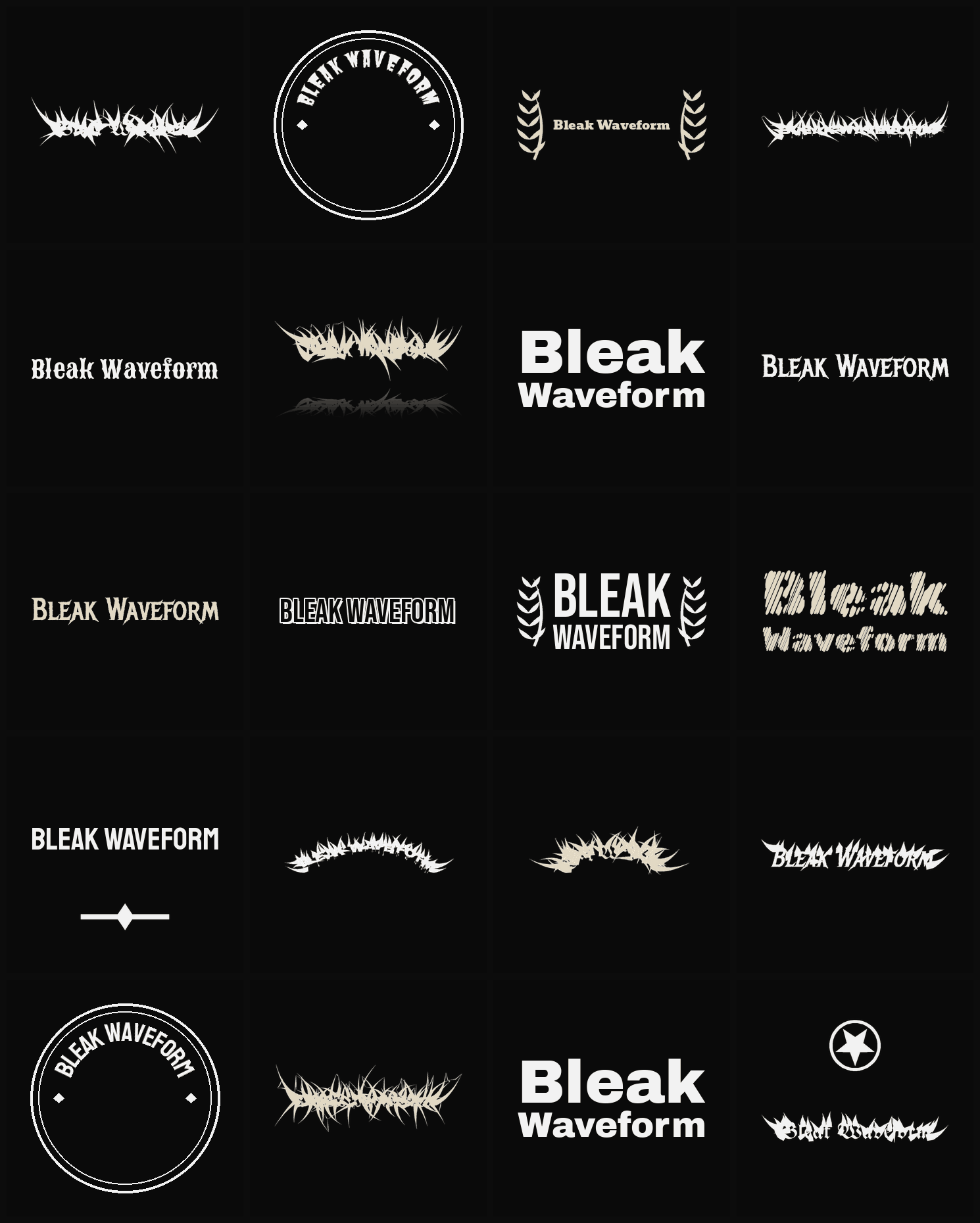 Twenty Bleak Waveform band logo ideas — different faces, treatments and spike settings