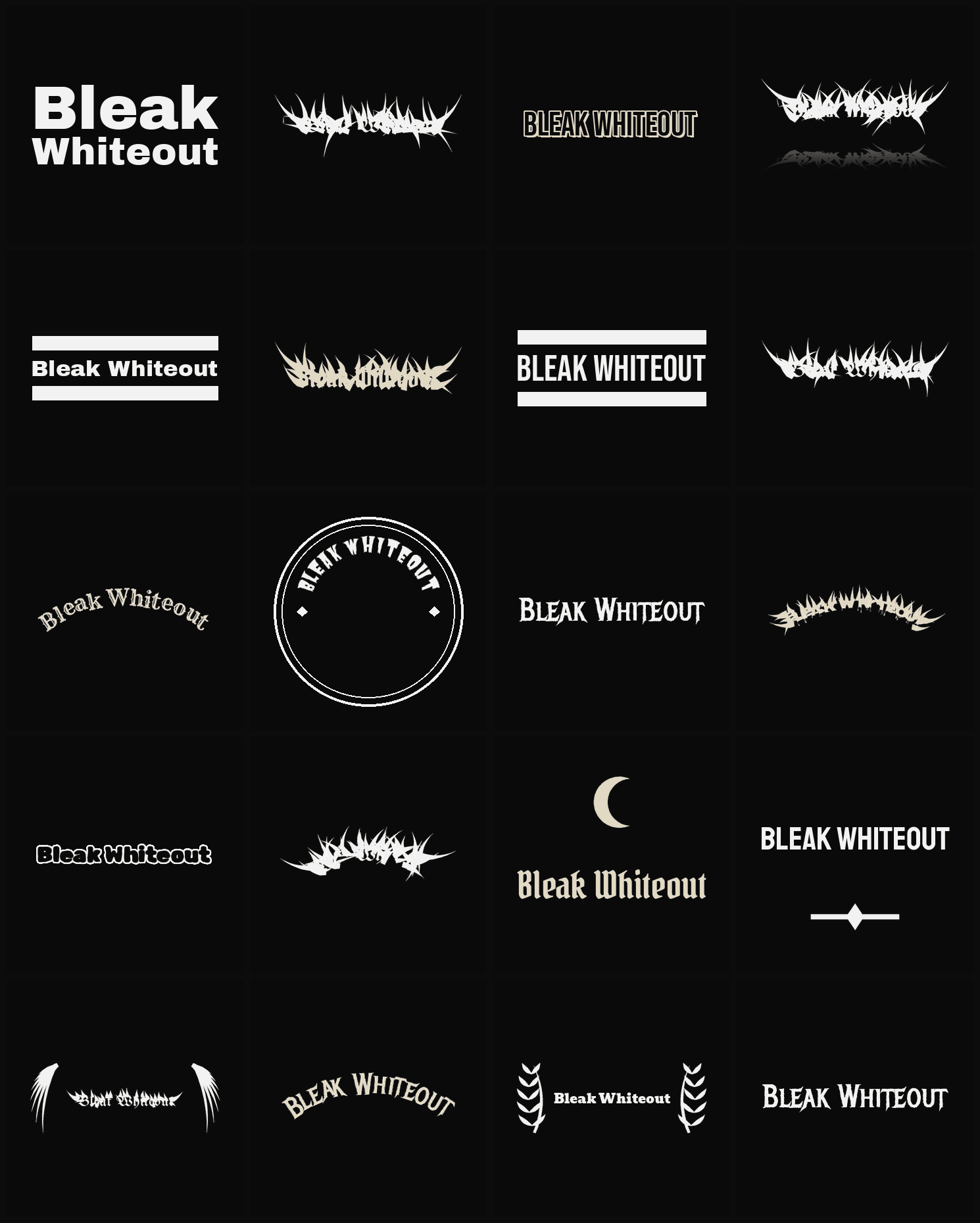 Twenty Bleak Whiteout band logo ideas — different faces, treatments and spike settings