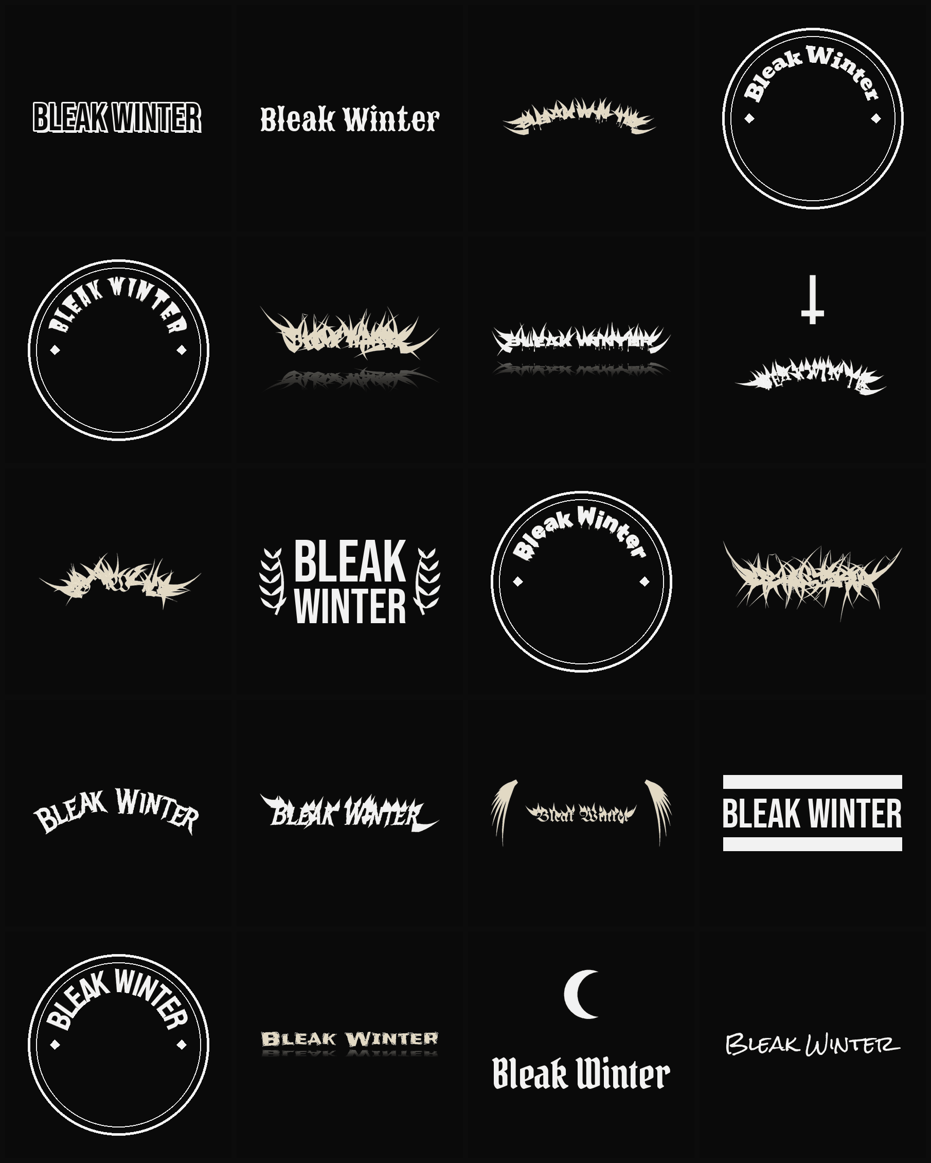 Twenty Bleak Winter band logo ideas — different faces, treatments and spike settings