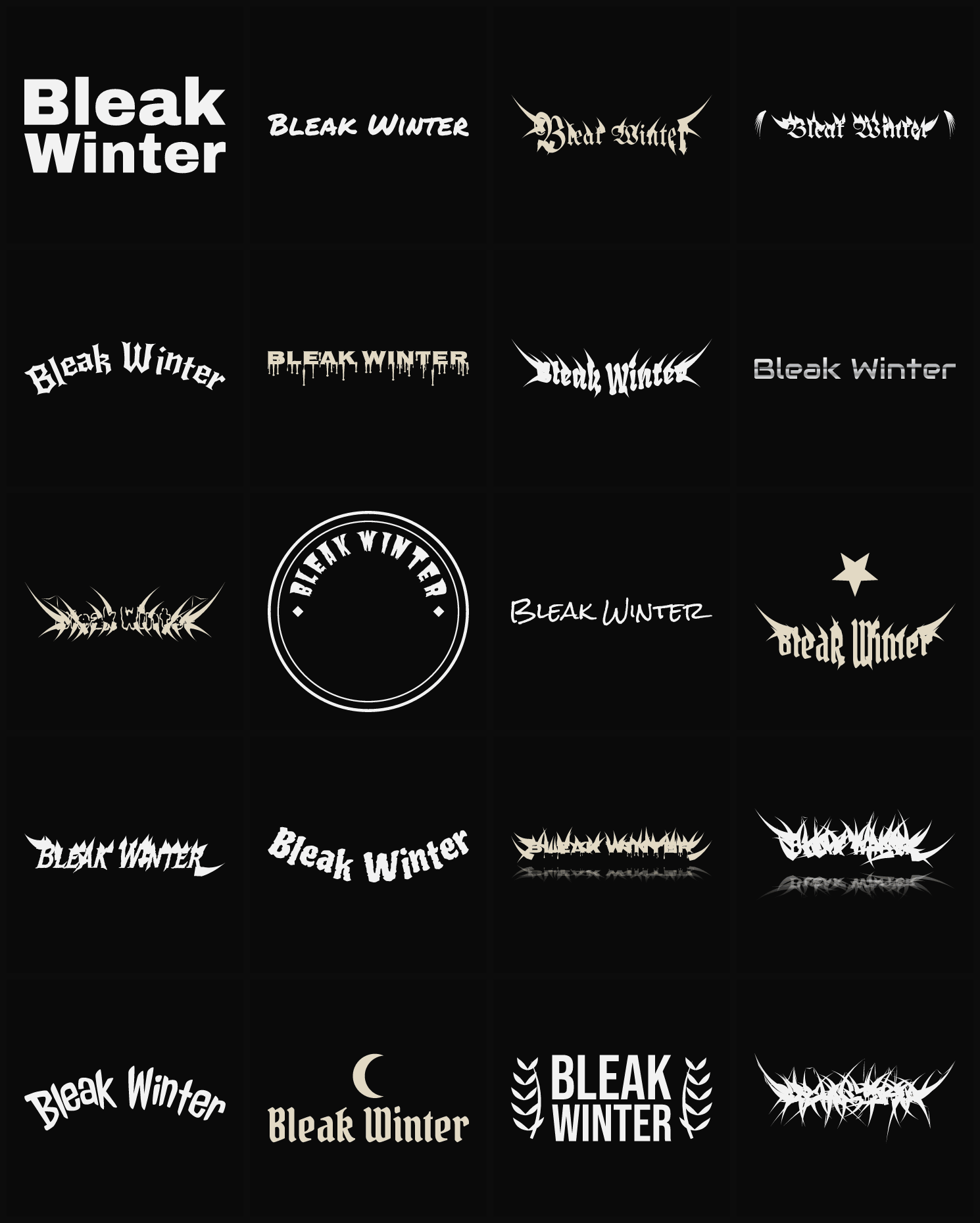 Twenty Bleak Winter band logo ideas — different faces, treatments and spike settings