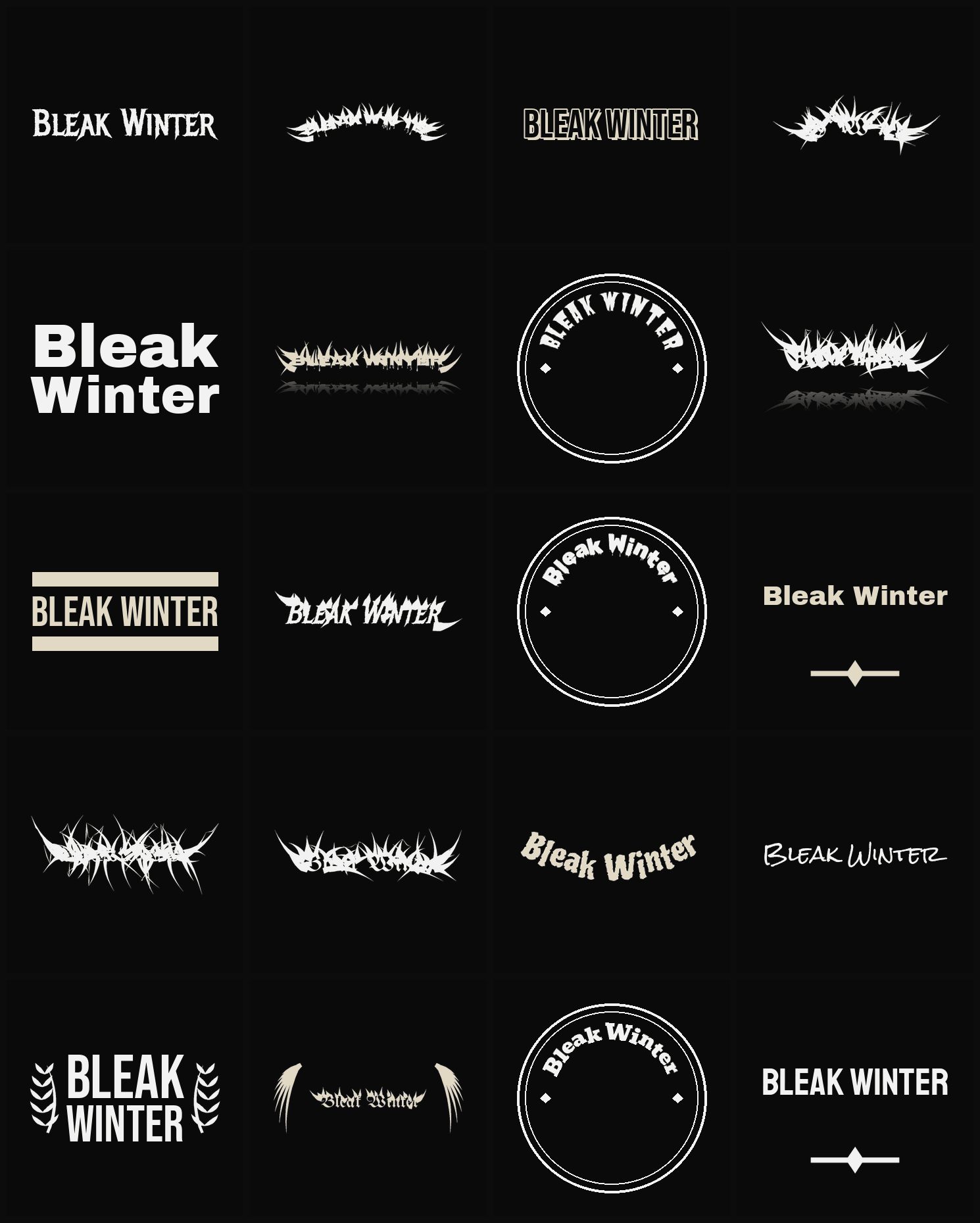 Twenty Bleak Winter band logo ideas — different faces, treatments and spike settings