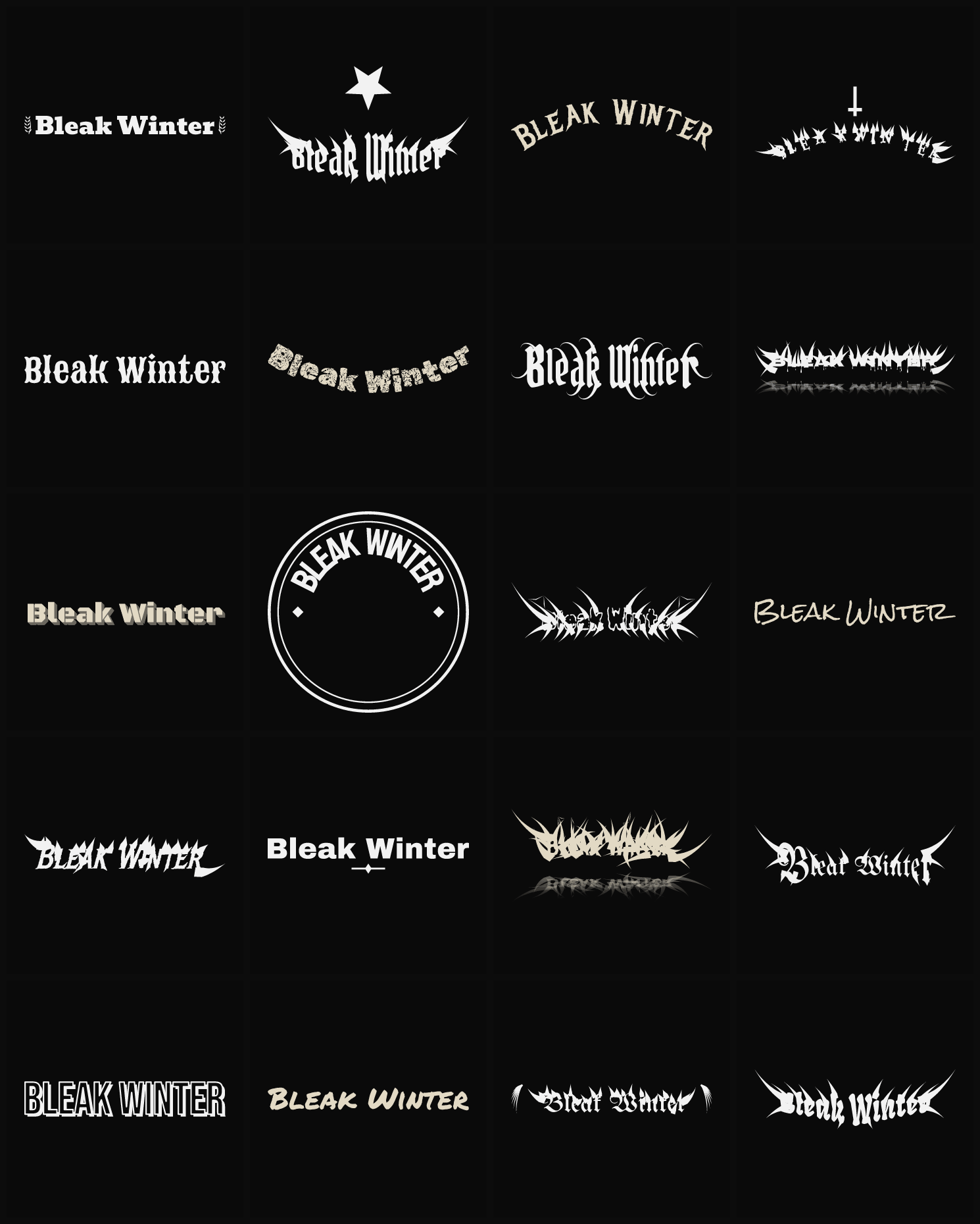 Twenty Bleak Winter band logo ideas — different faces, treatments and spike settings