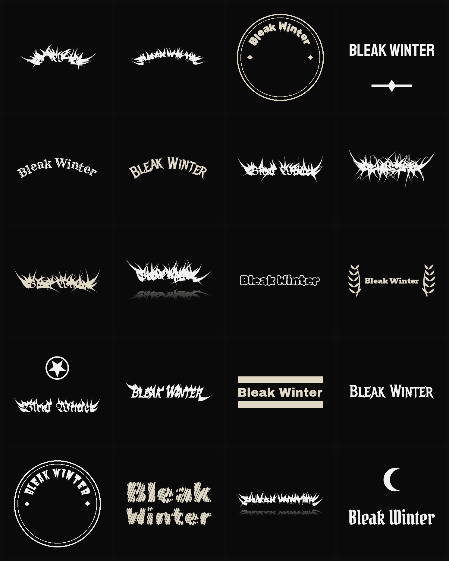 Twenty Bleak Winter band logo ideas — different faces, treatments and spike settings