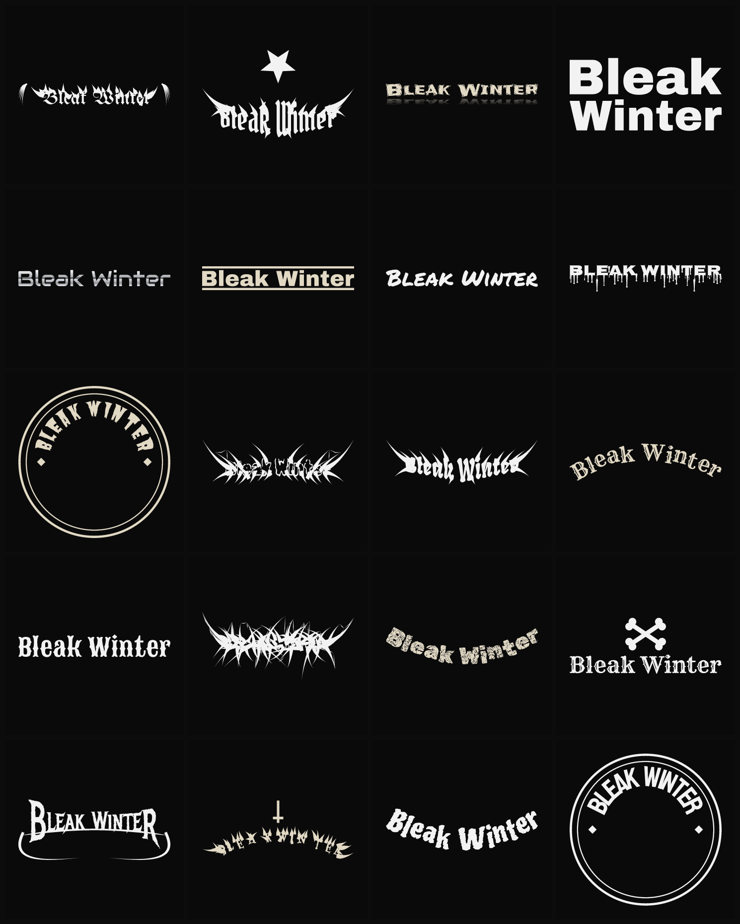 Twenty Bleak Winter band logo ideas — different faces, treatments and spike settings