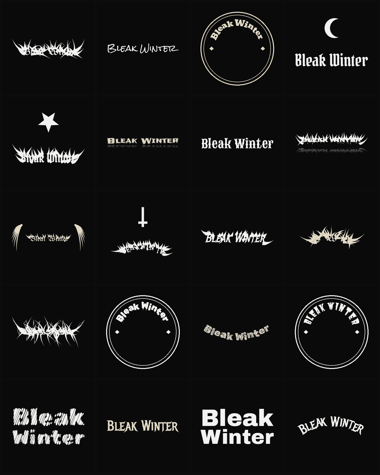 Twenty Bleak Winter band logo ideas — different faces, treatments and spike settings