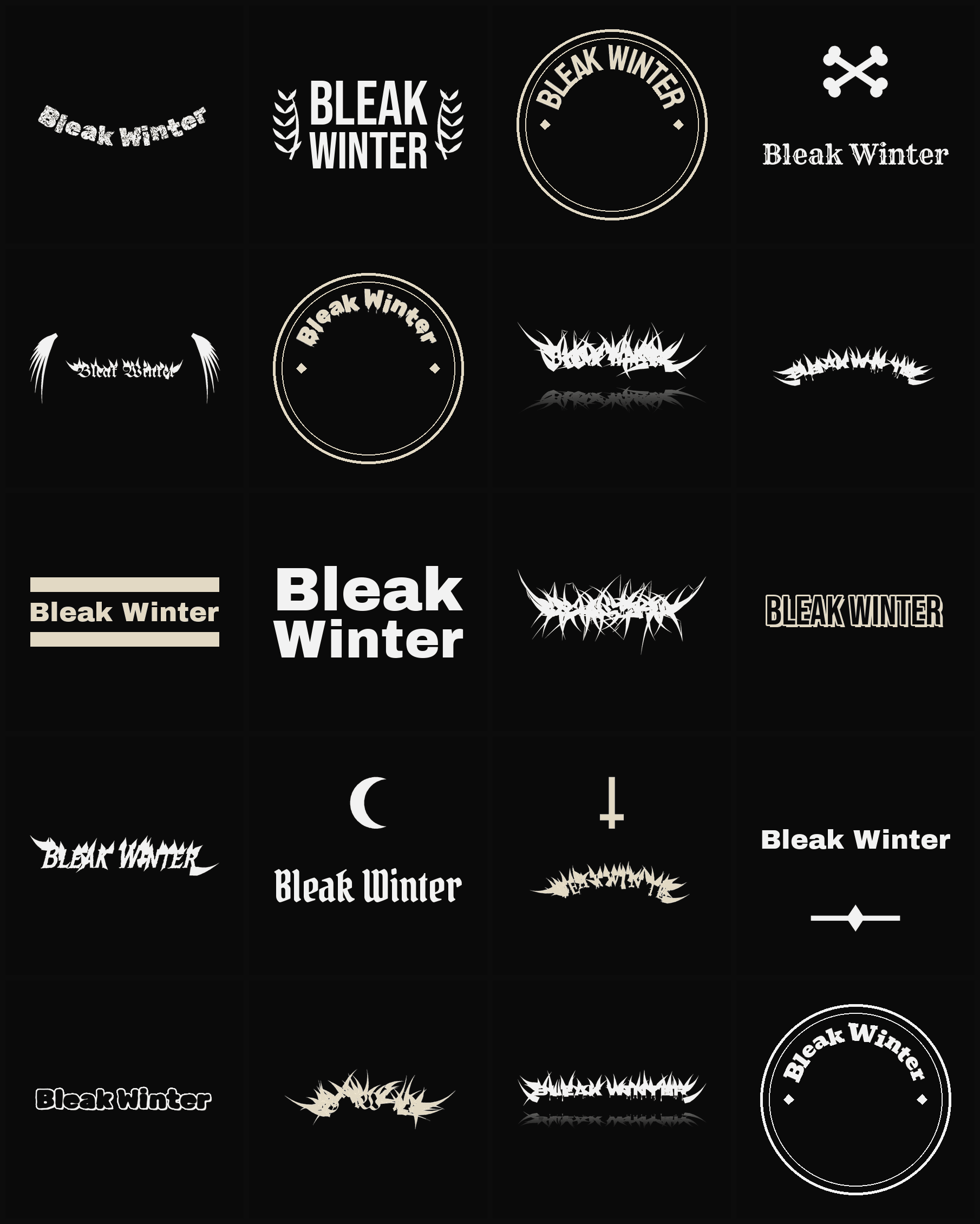 Twenty Bleak Winter band logo ideas — different faces, treatments and spike settings
