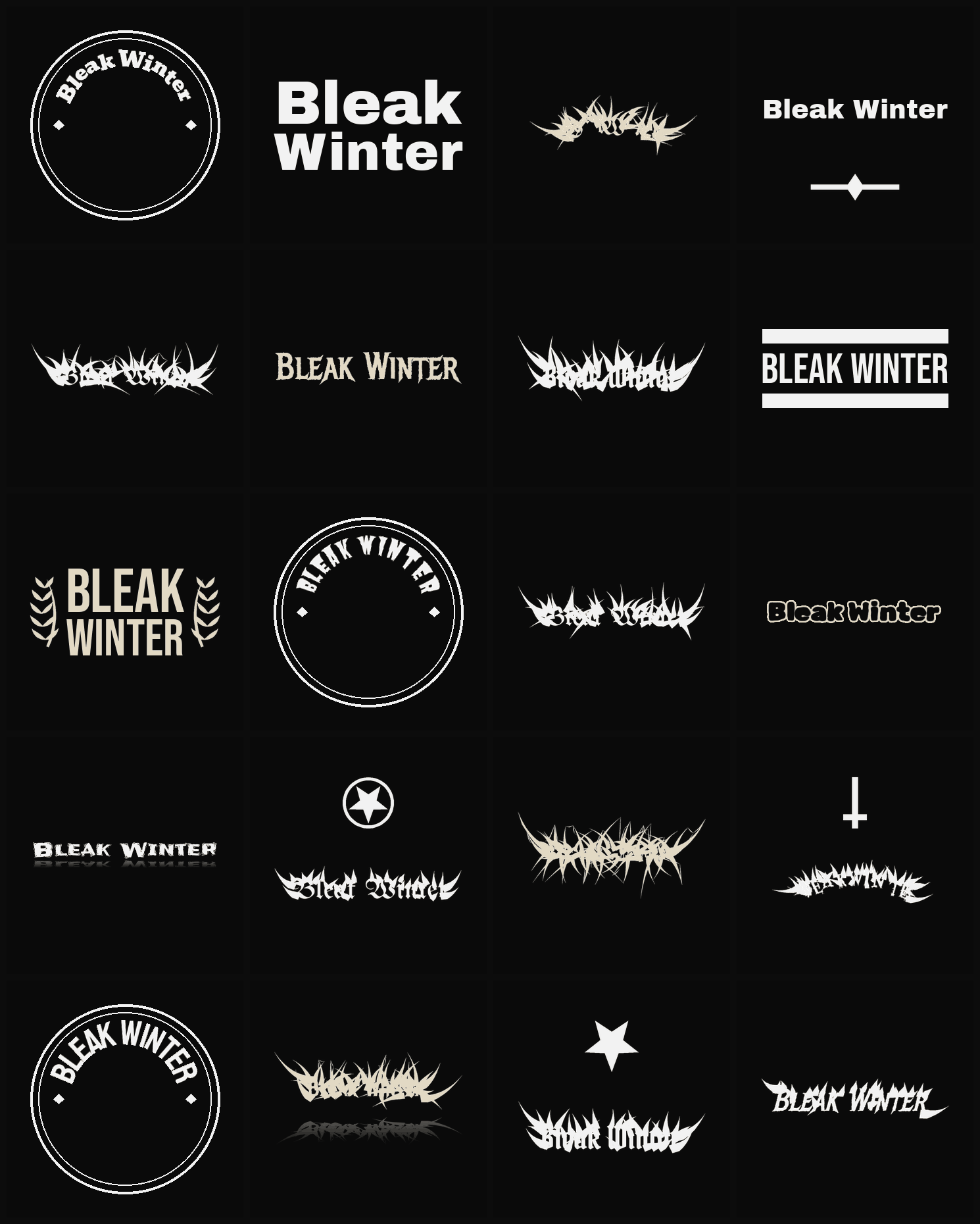 Twenty Bleak Winter band logo ideas — different faces, treatments and spike settings