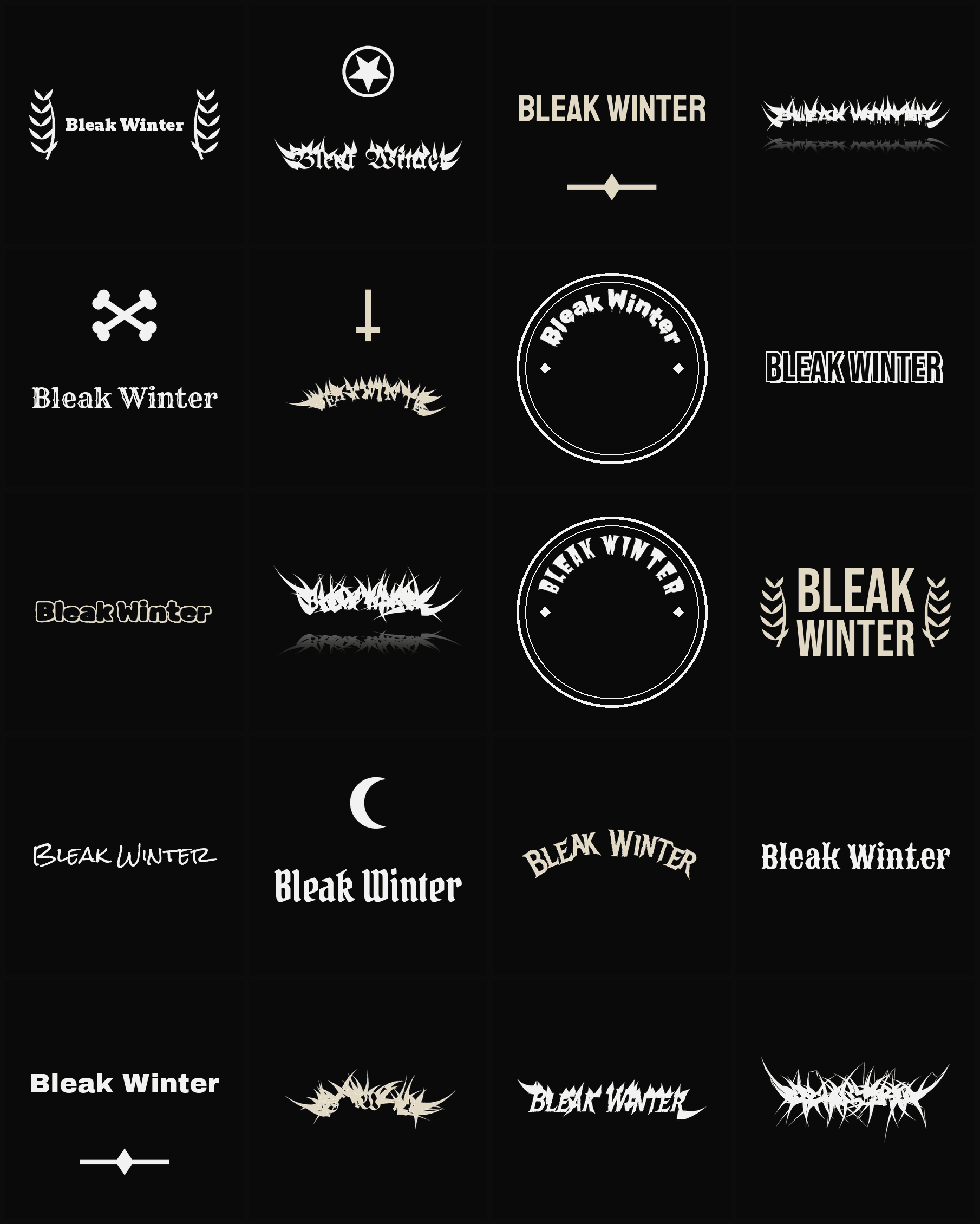 Twenty Bleak Winter band logo ideas — different faces, treatments and spike settings