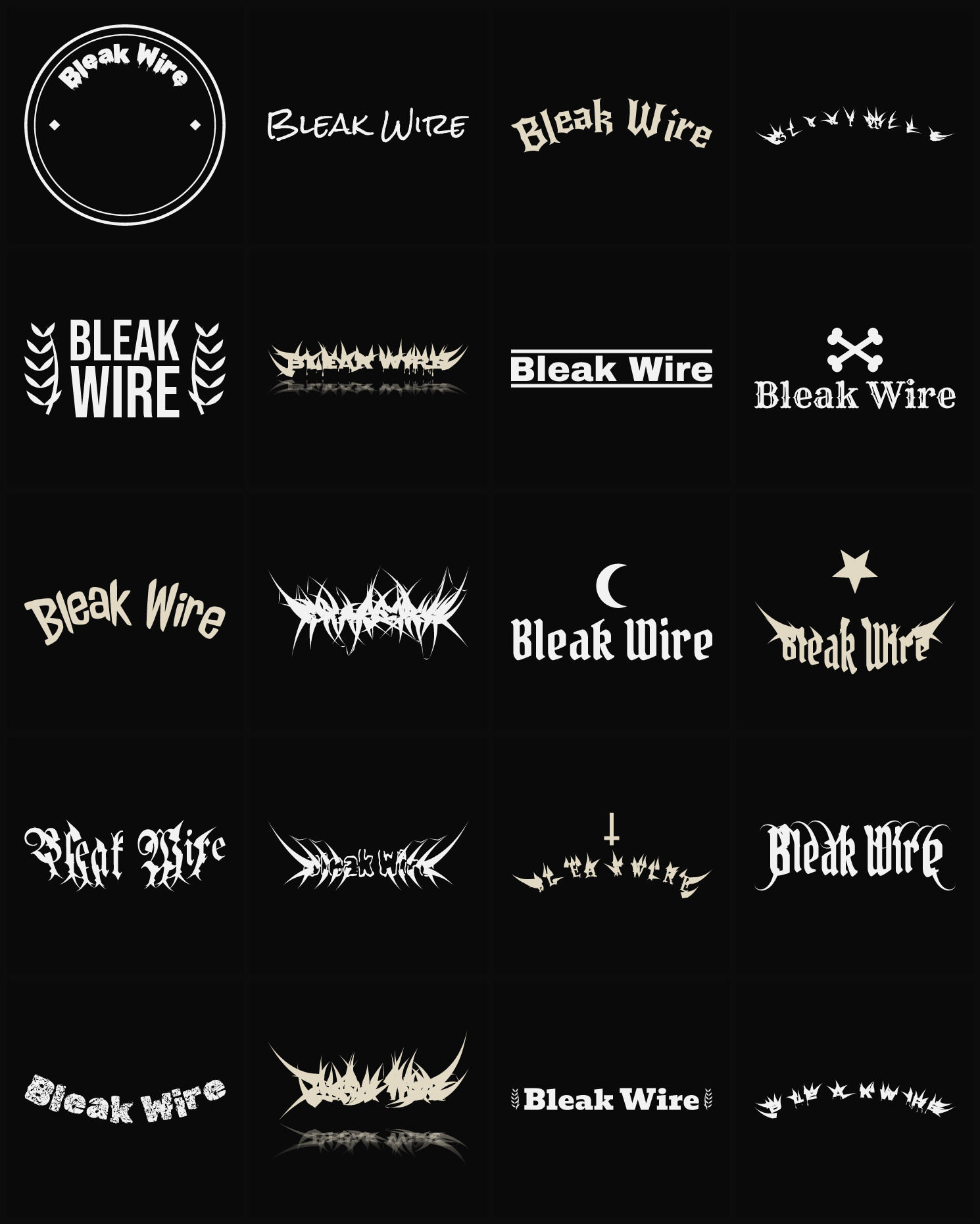 Twenty Bleak Wire band logo ideas — different faces, treatments and spike settings