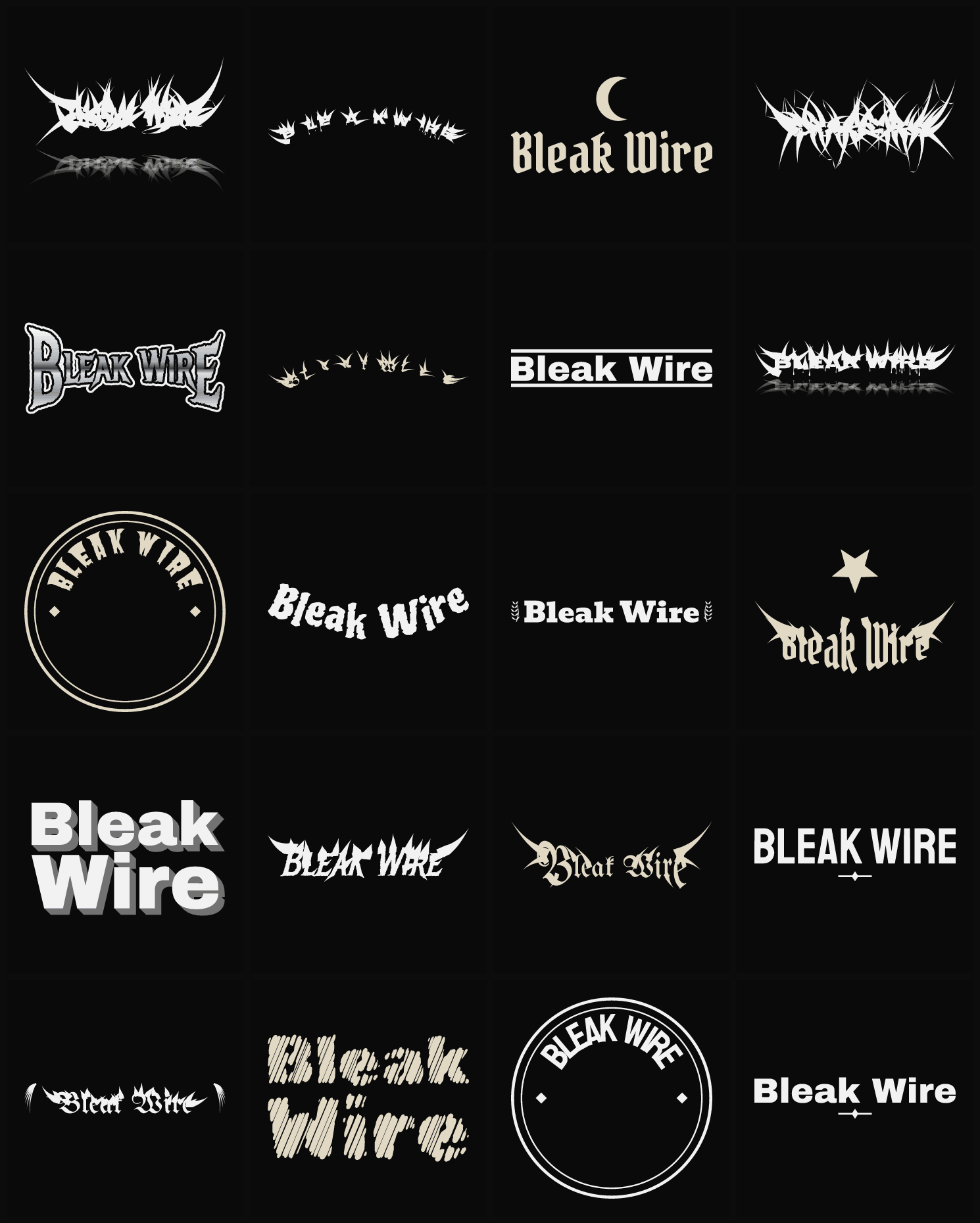 Twenty Bleak Wire band logo ideas — different faces, treatments and spike settings