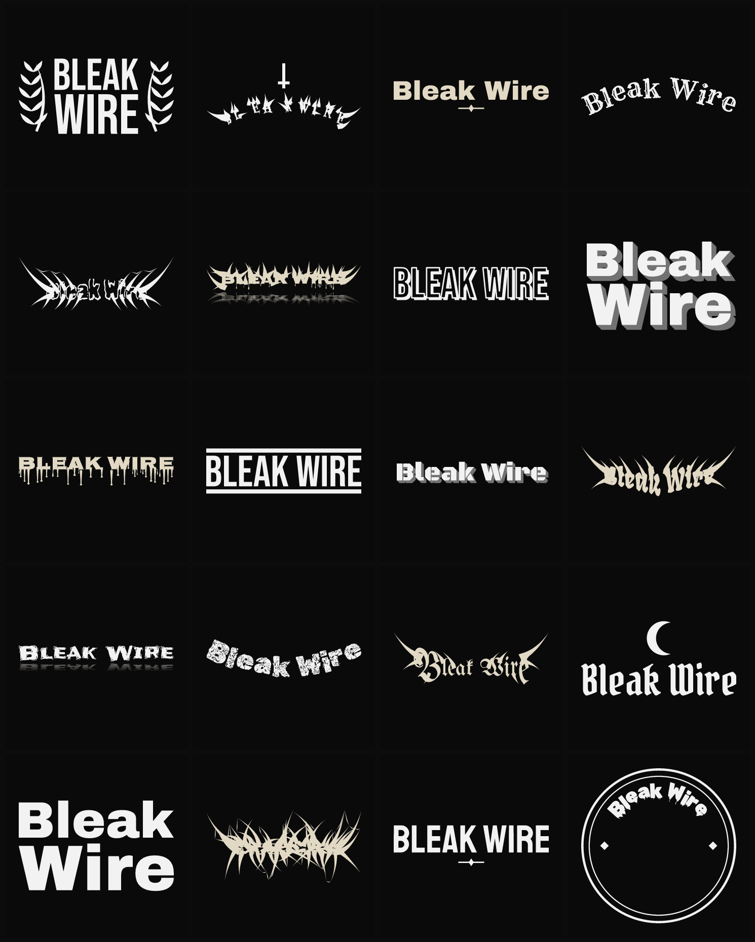 Twenty Bleak Wire band logo ideas — different faces, treatments and spike settings