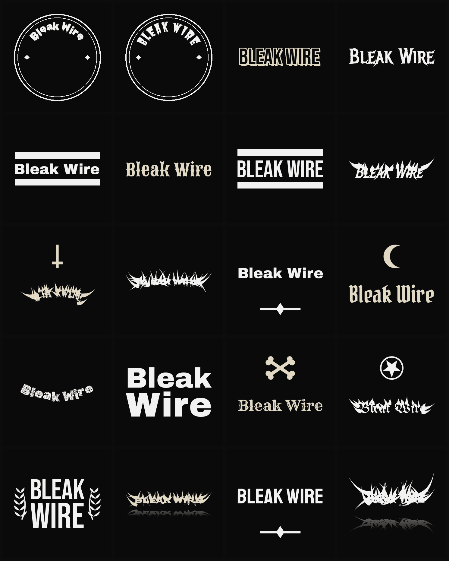 Twenty Bleak Wire band logo ideas — different faces, treatments and spike settings