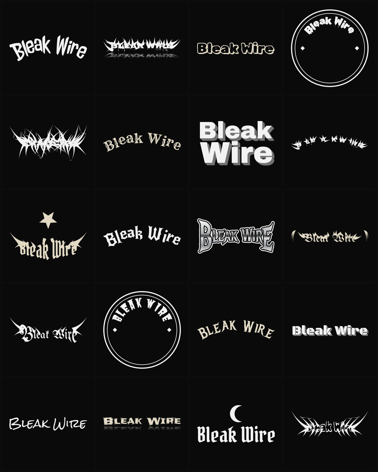 Twenty Bleak Wire band logo ideas — different faces, treatments and spike settings