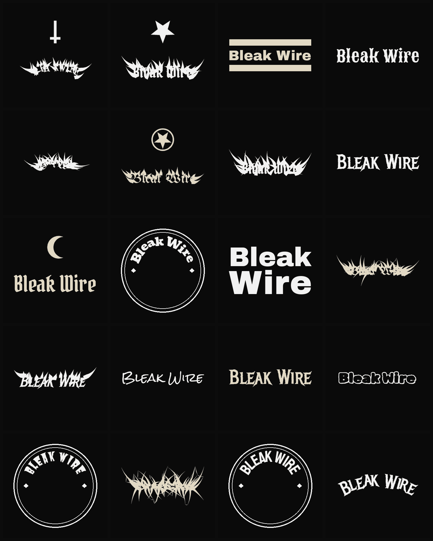 Twenty Bleak Wire band logo ideas — different faces, treatments and spike settings