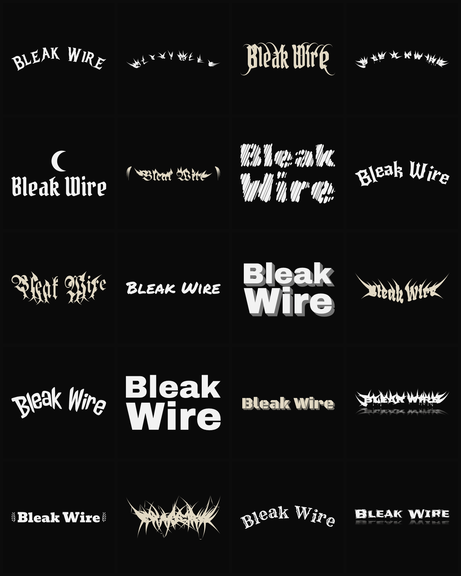 Twenty Bleak Wire band logo ideas — different faces, treatments and spike settings