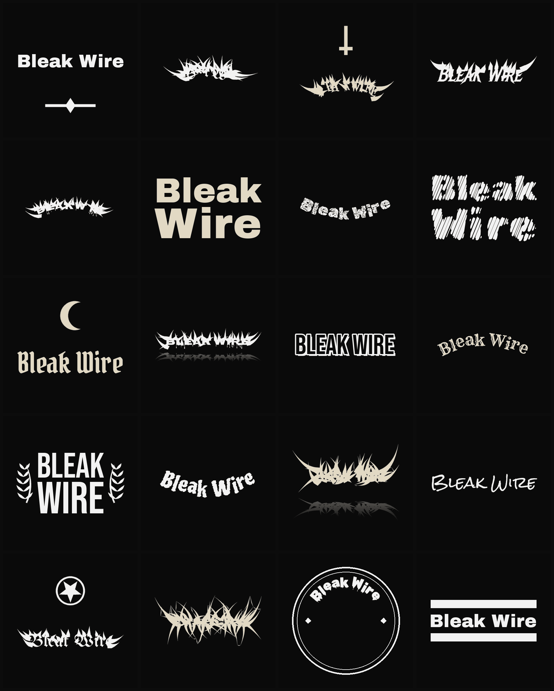 Twenty Bleak Wire band logo ideas — different faces, treatments and spike settings
