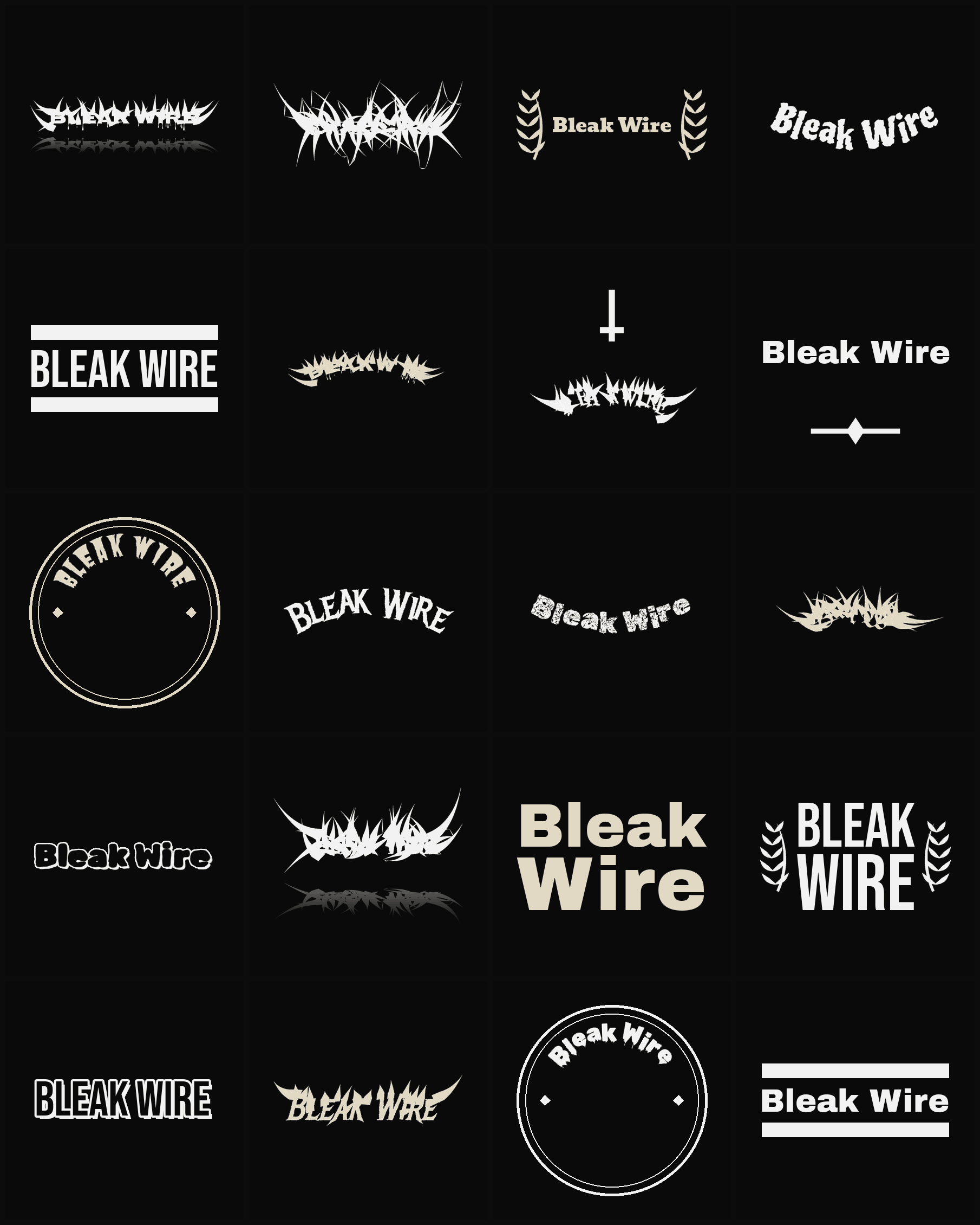 Twenty Bleak Wire band logo ideas — different faces, treatments and spike settings