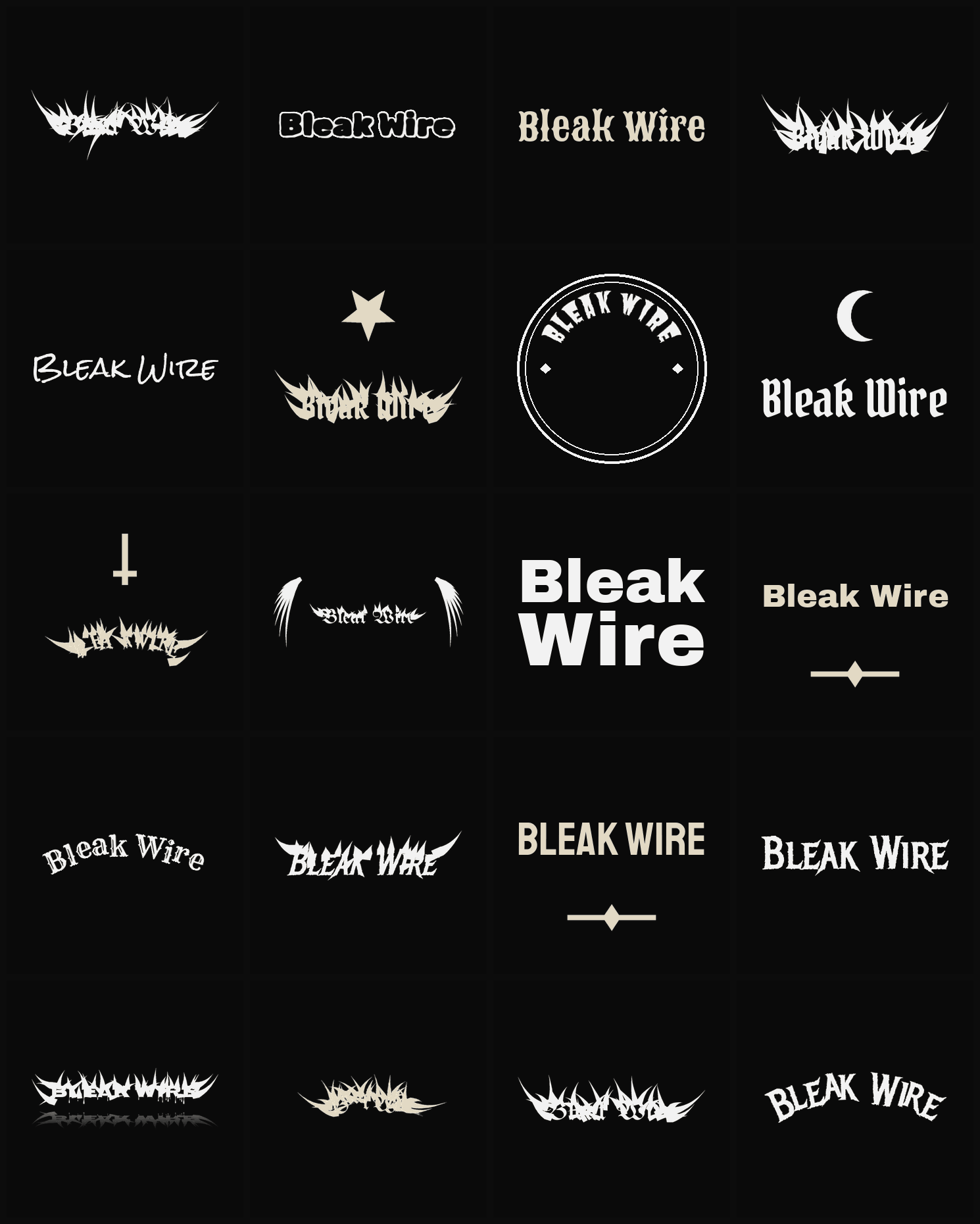 Twenty Bleak Wire band logo ideas — different faces, treatments and spike settings