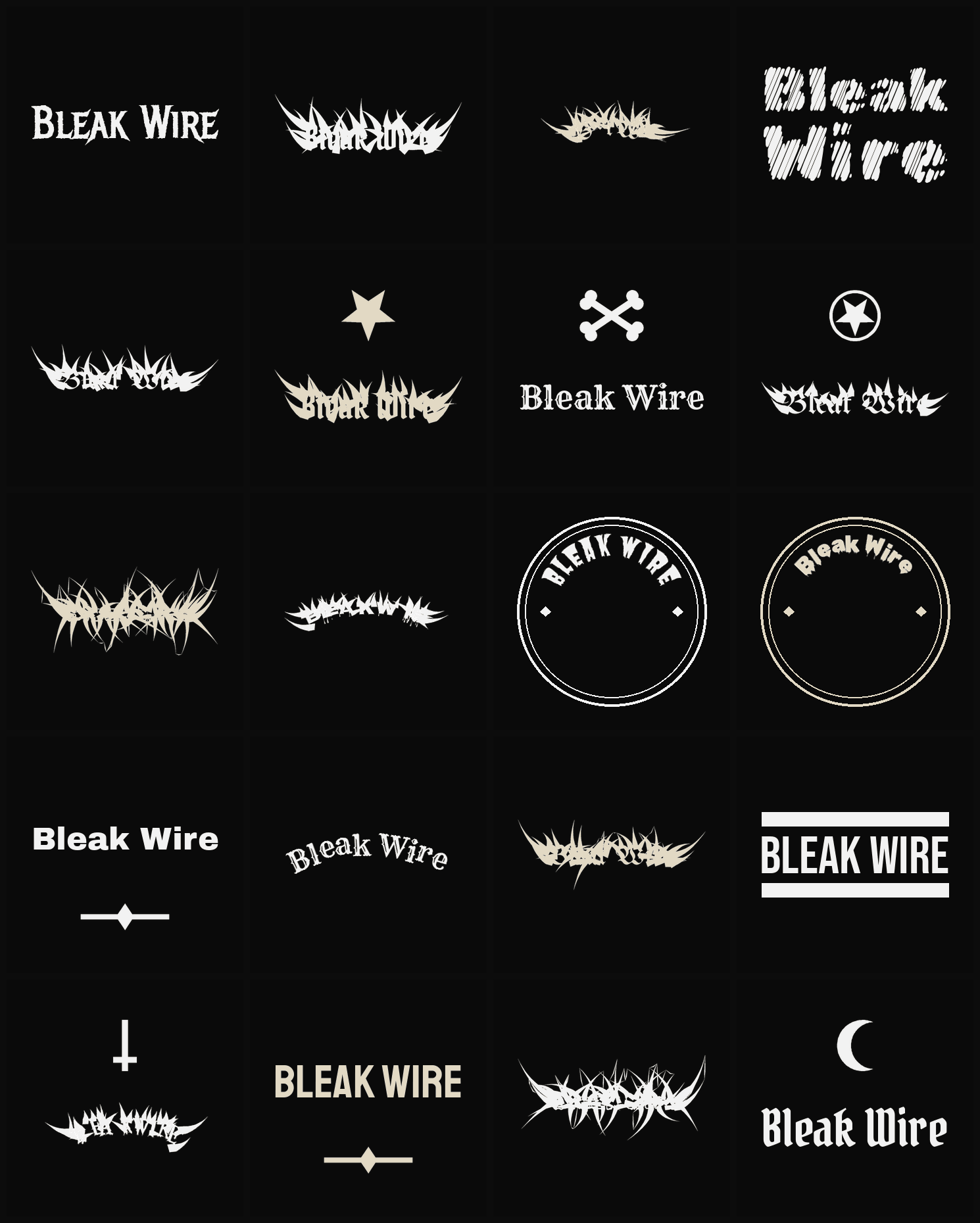 Twenty Bleak Wire band logo ideas — different faces, treatments and spike settings