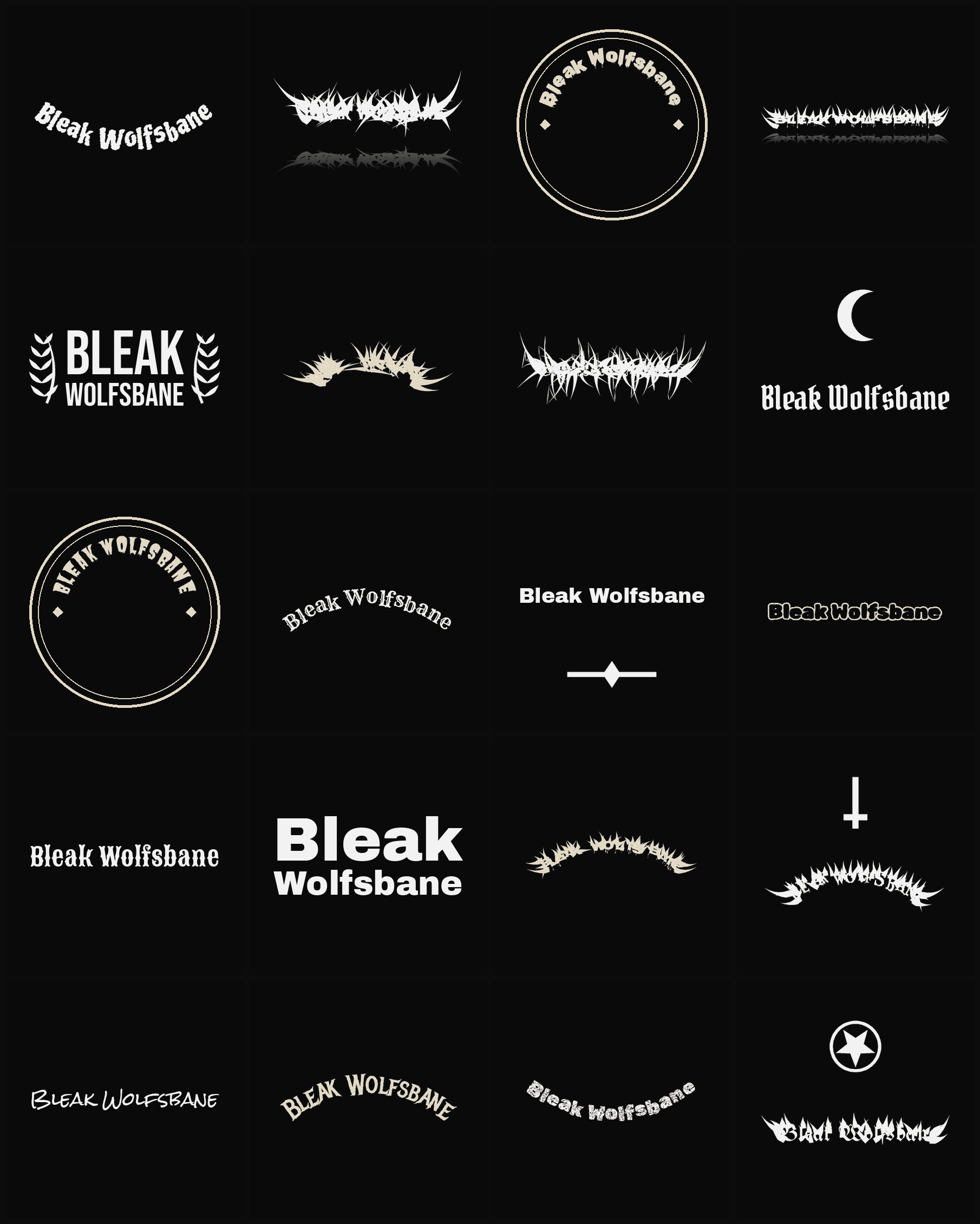 Twenty Bleak Wolfsbane band logo ideas — different faces, treatments and spike settings