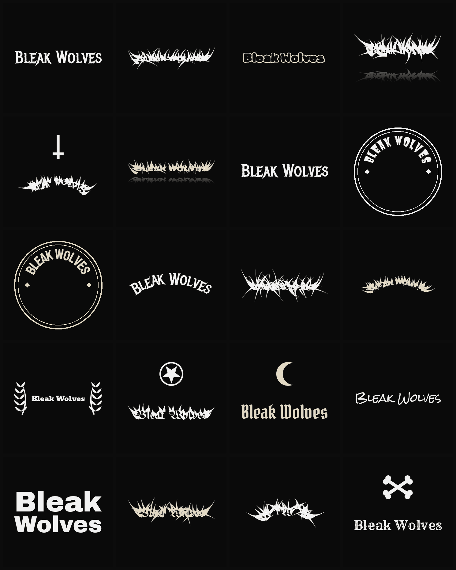 Twenty Bleak Wolves band logo ideas — different faces, treatments and spike settings