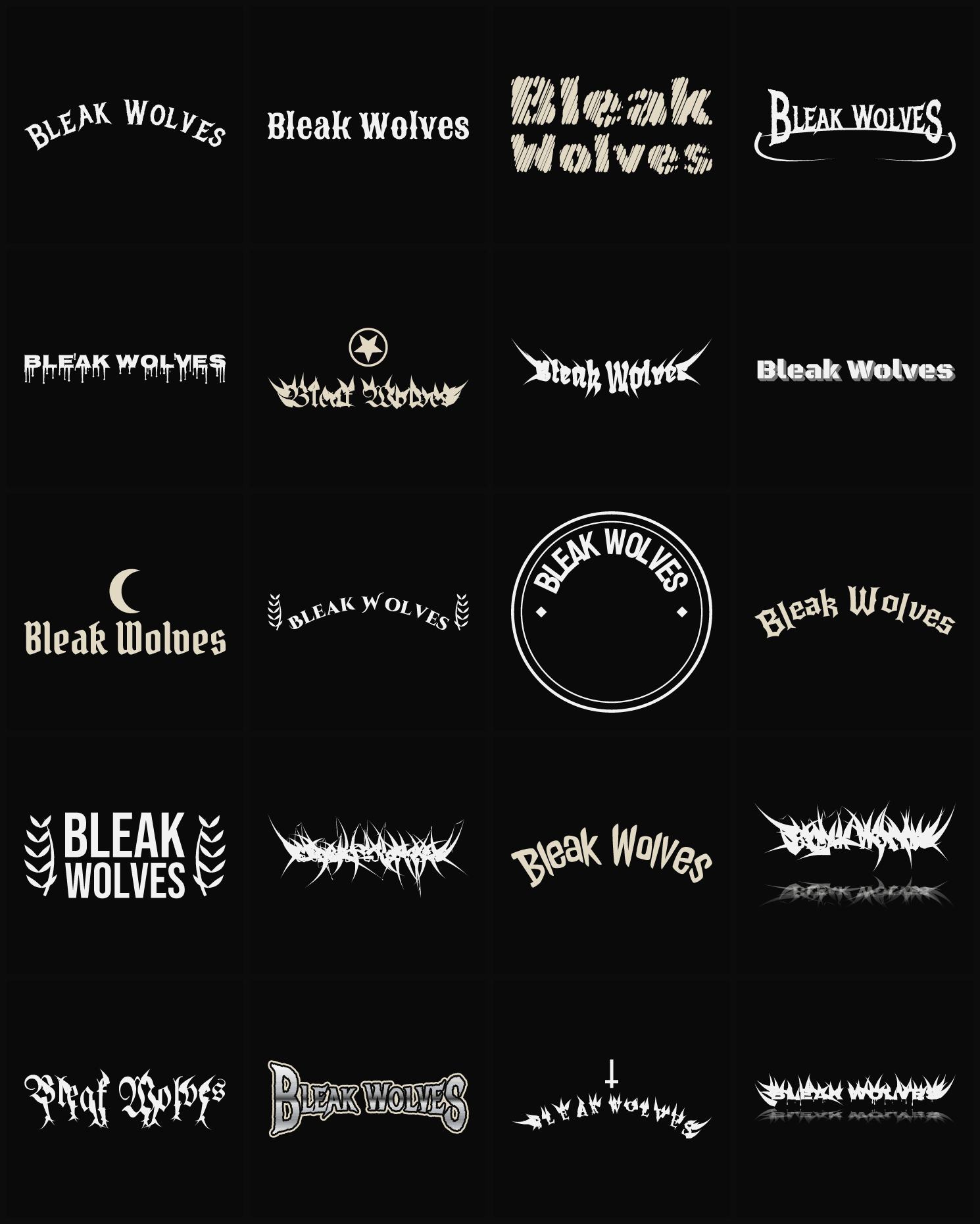 Twenty Bleak Wolves band logo ideas — different faces, treatments and spike settings