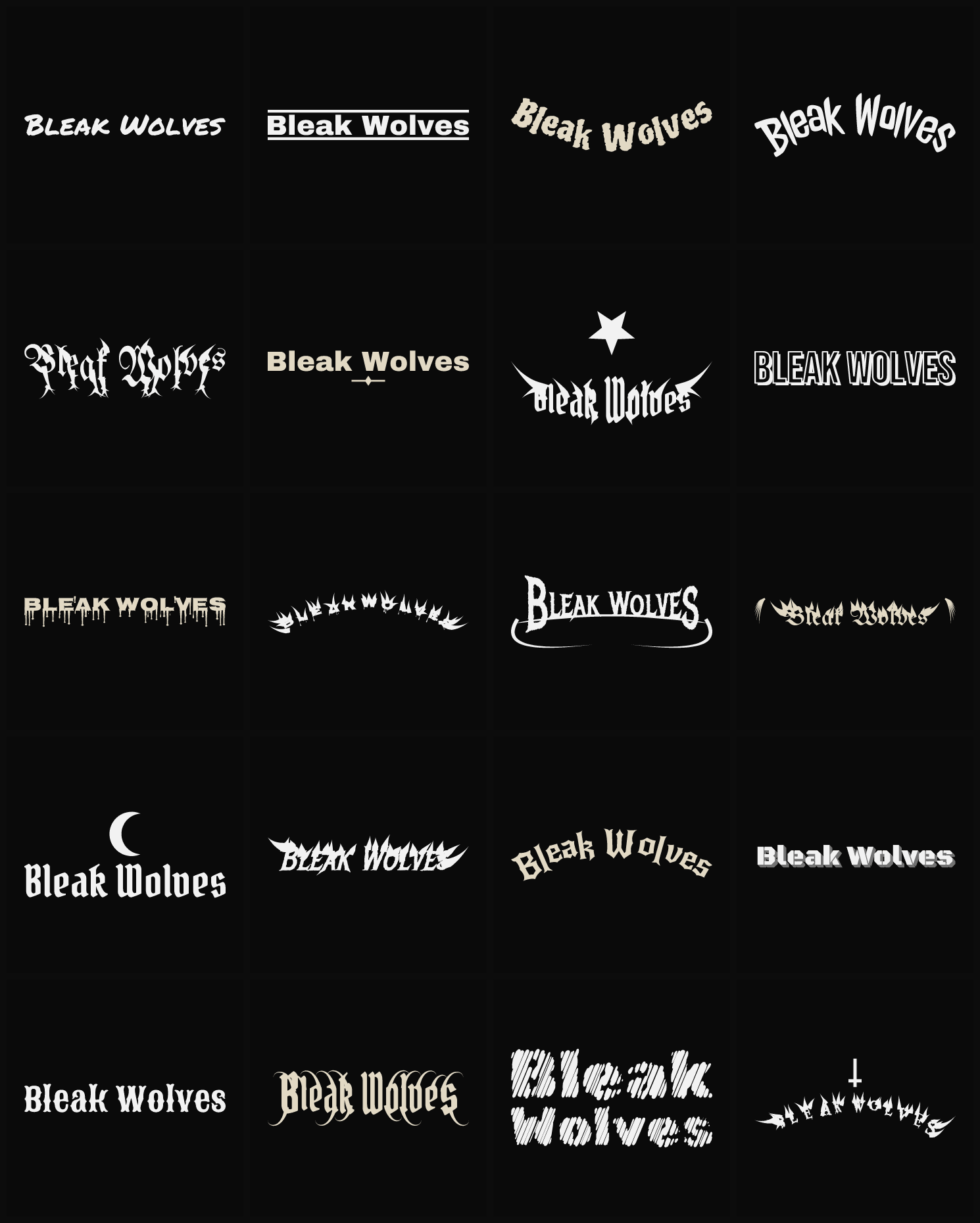 Twenty Bleak Wolves band logo ideas — different faces, treatments and spike settings