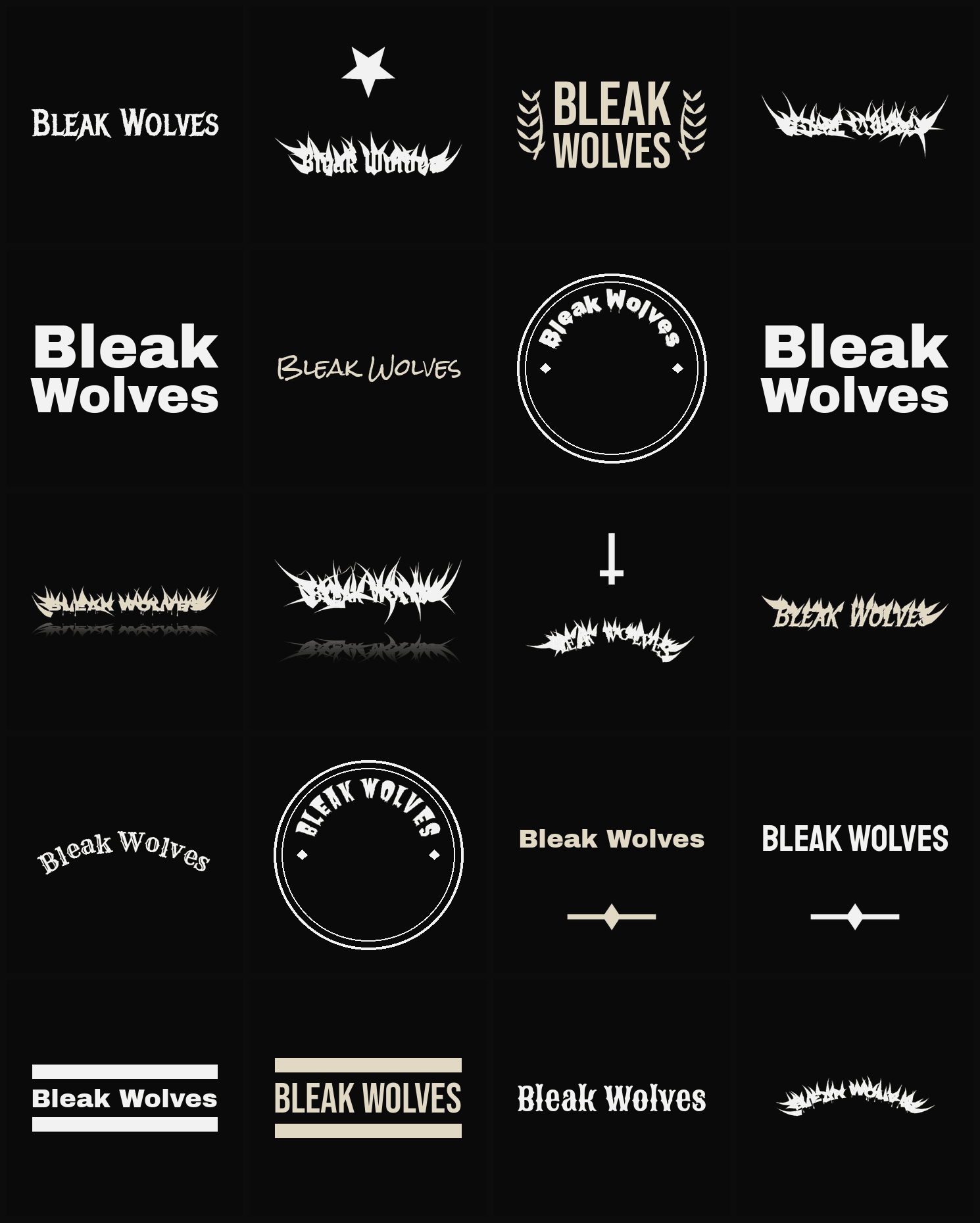 Twenty Bleak Wolves band logo ideas — different faces, treatments and spike settings