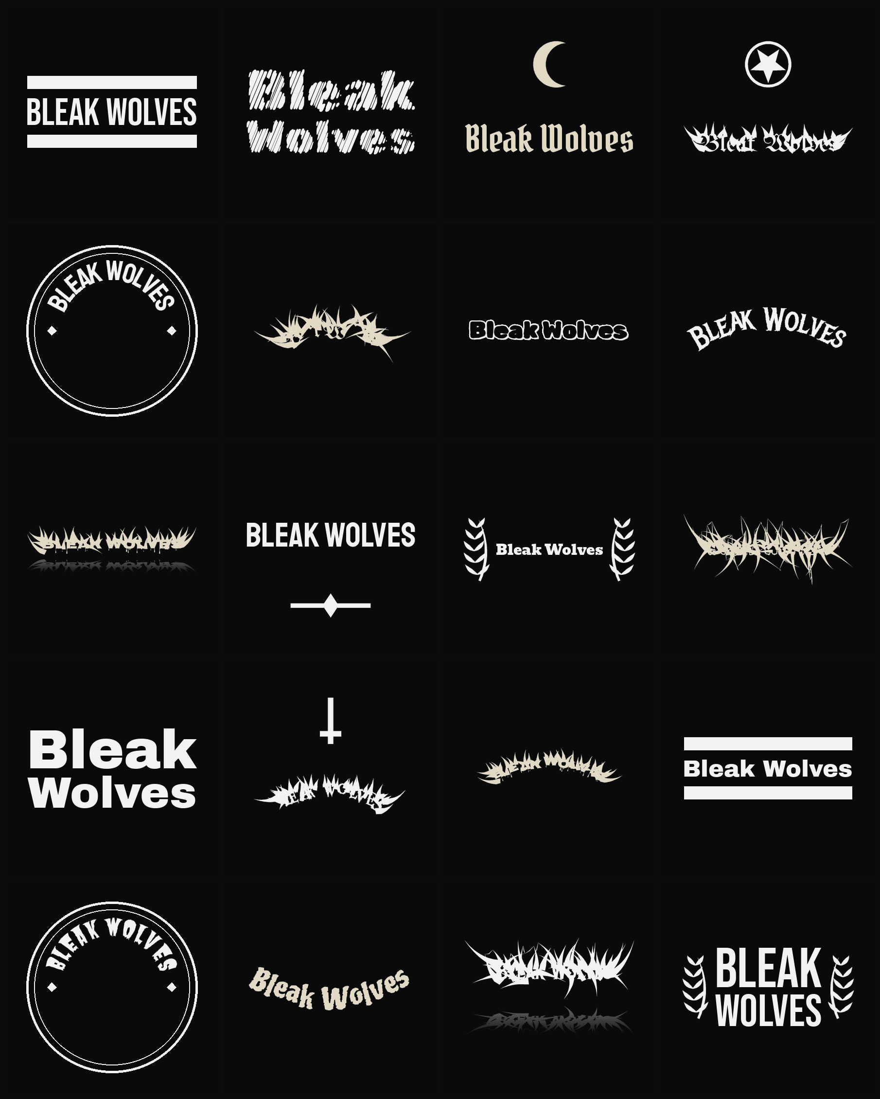 Twenty Bleak Wolves band logo ideas — different faces, treatments and spike settings