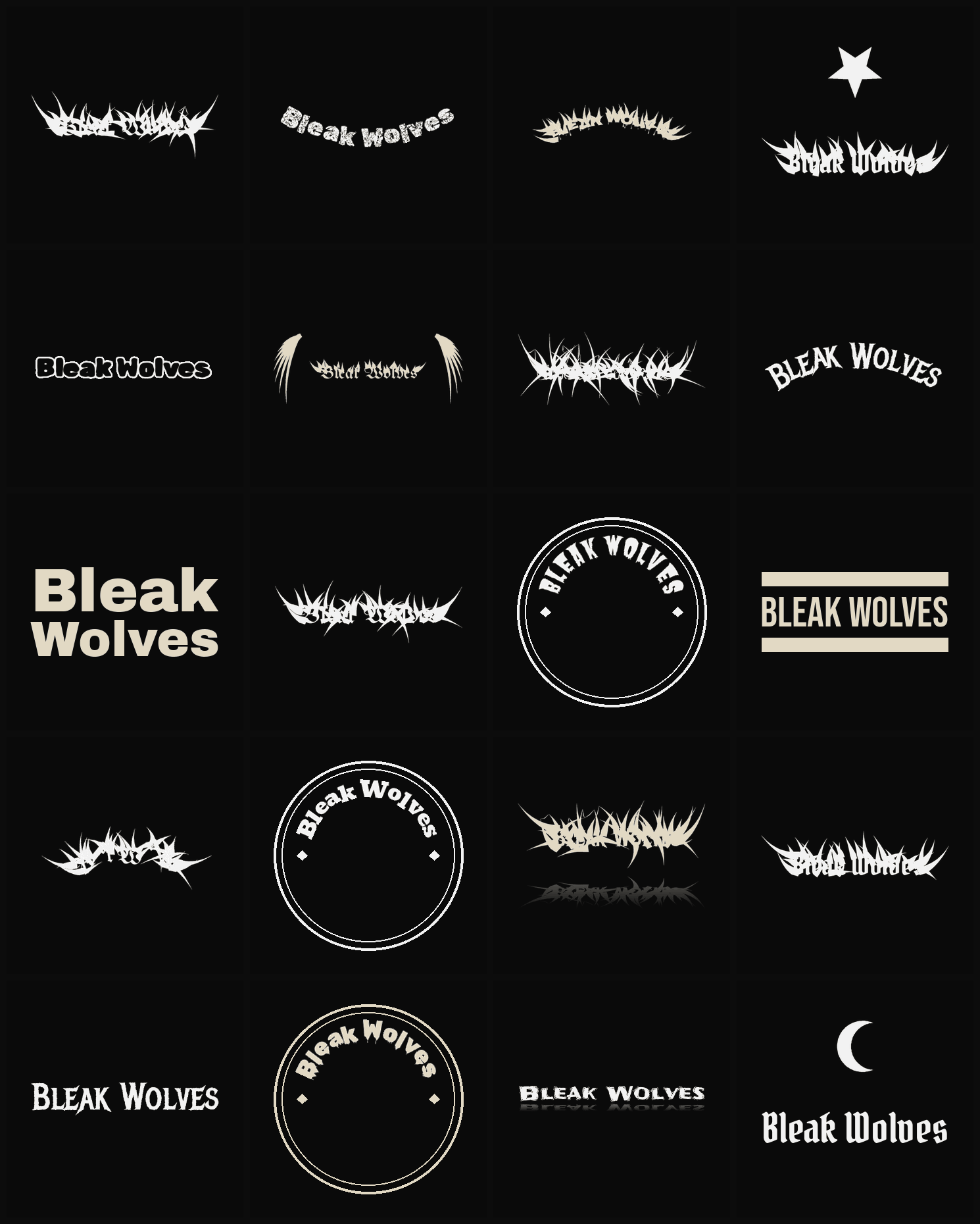 Twenty Bleak Wolves band logo ideas — different faces, treatments and spike settings