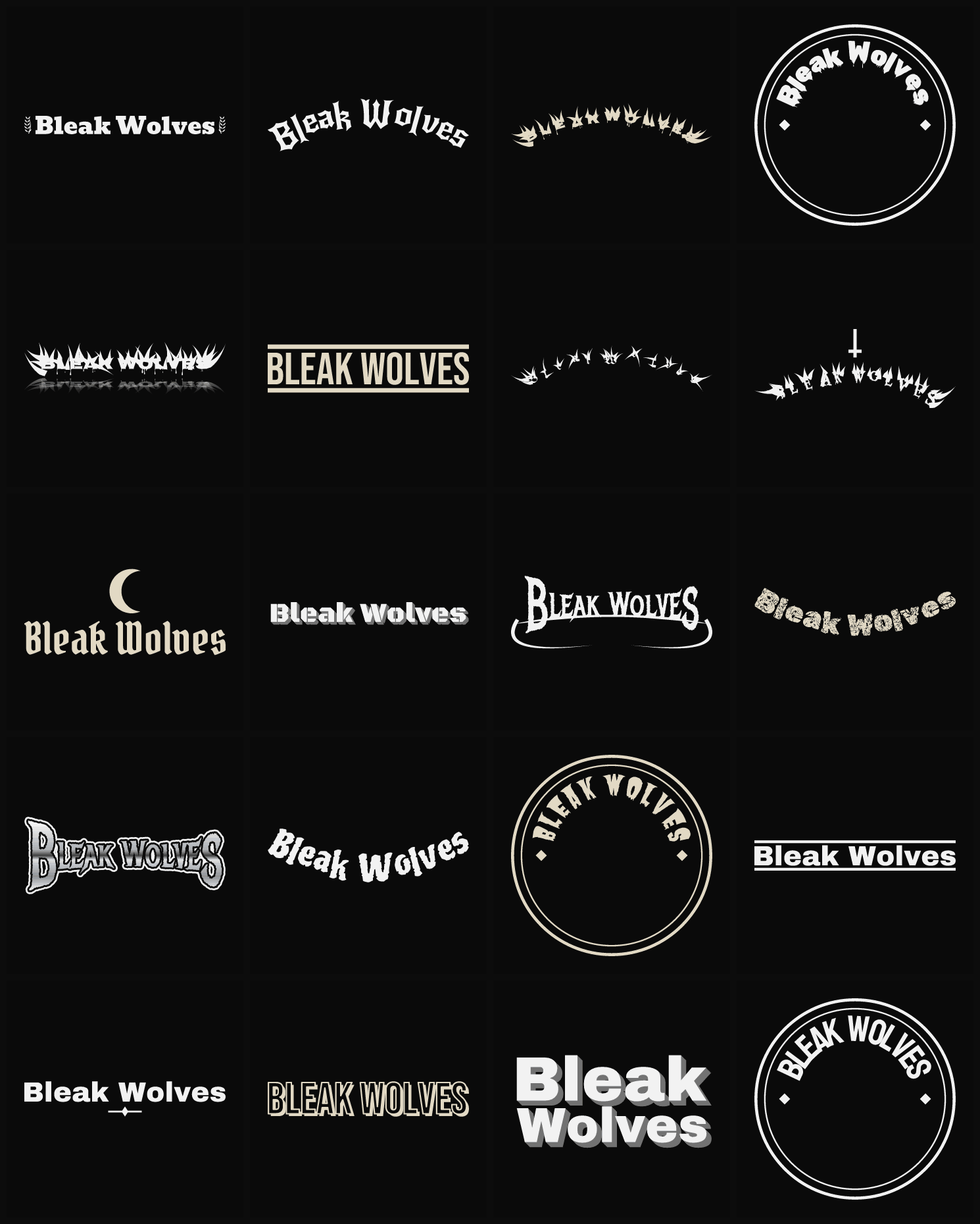 Twenty Bleak Wolves band logo ideas — different faces, treatments and spike settings