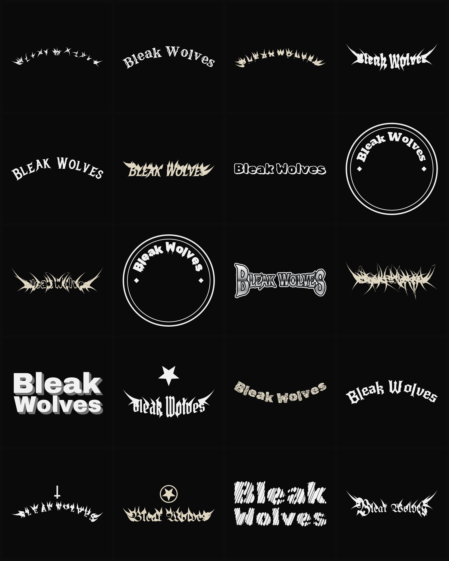 Twenty Bleak Wolves band logo ideas — different faces, treatments and spike settings