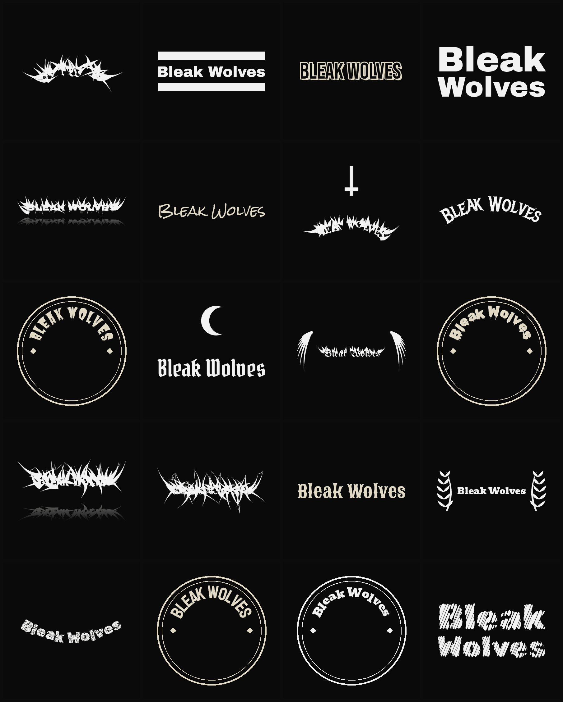 Twenty Bleak Wolves band logo ideas — different faces, treatments and spike settings