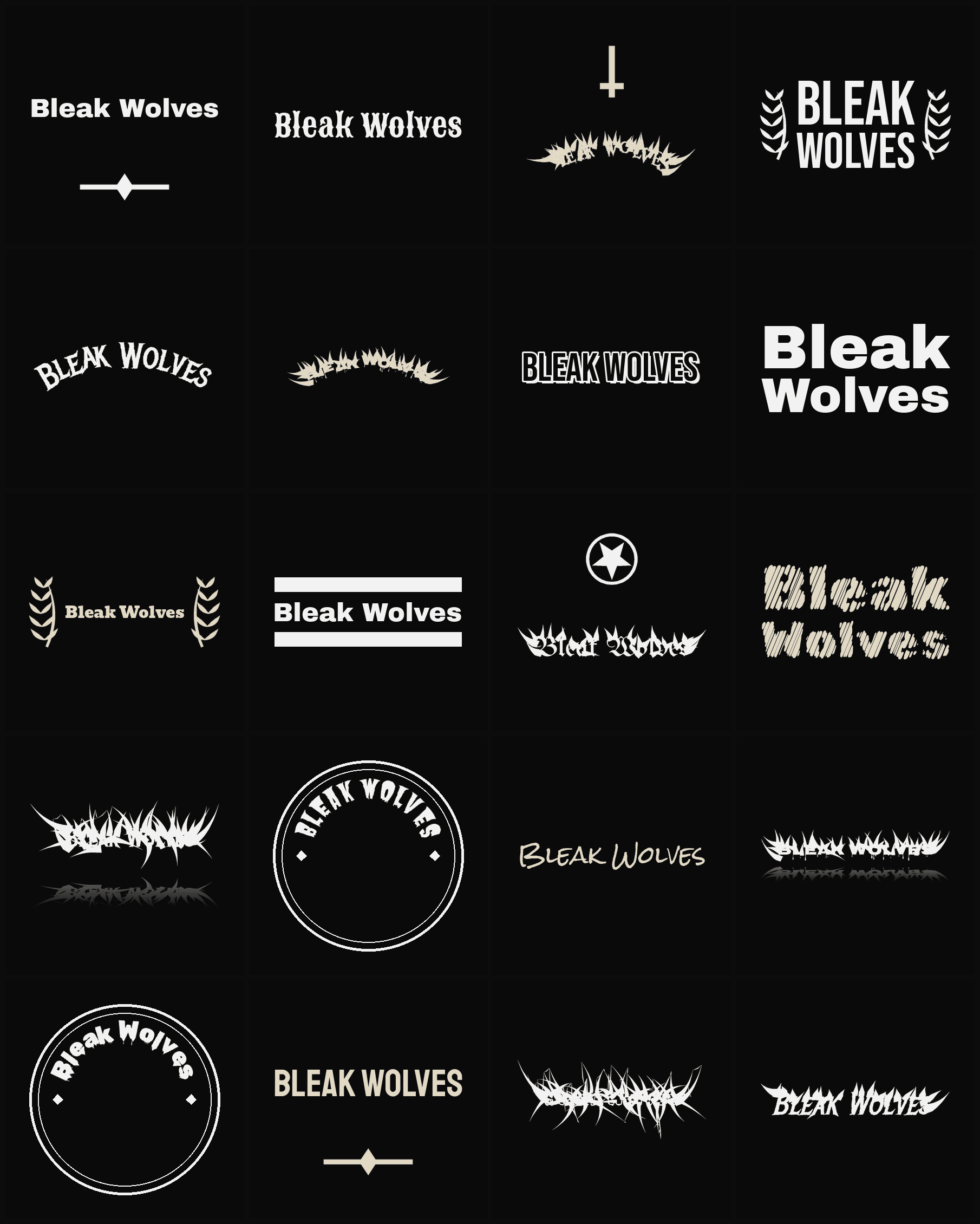 Twenty Bleak Wolves band logo ideas — different faces, treatments and spike settings