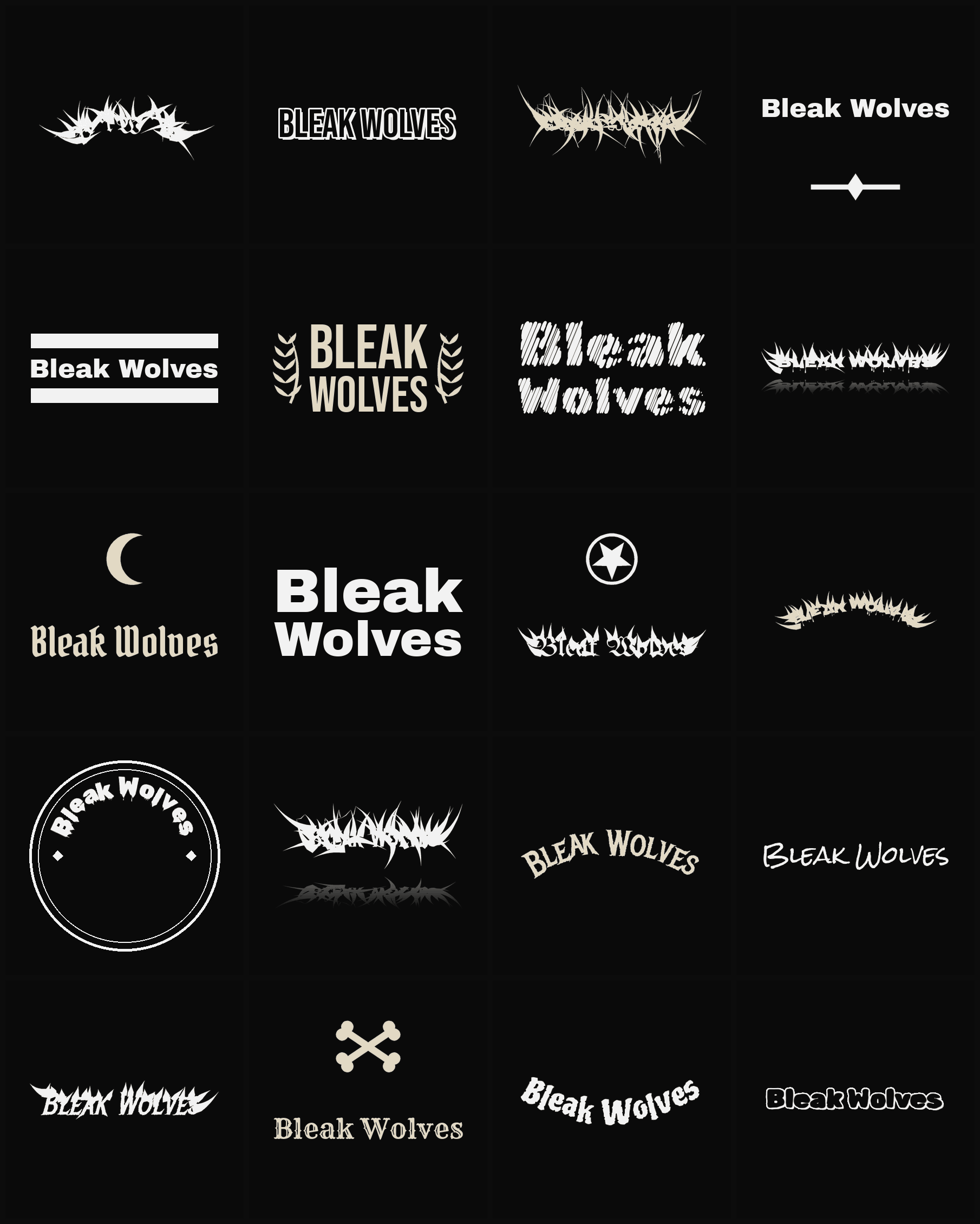 Twenty Bleak Wolves band logo ideas — different faces, treatments and spike settings
