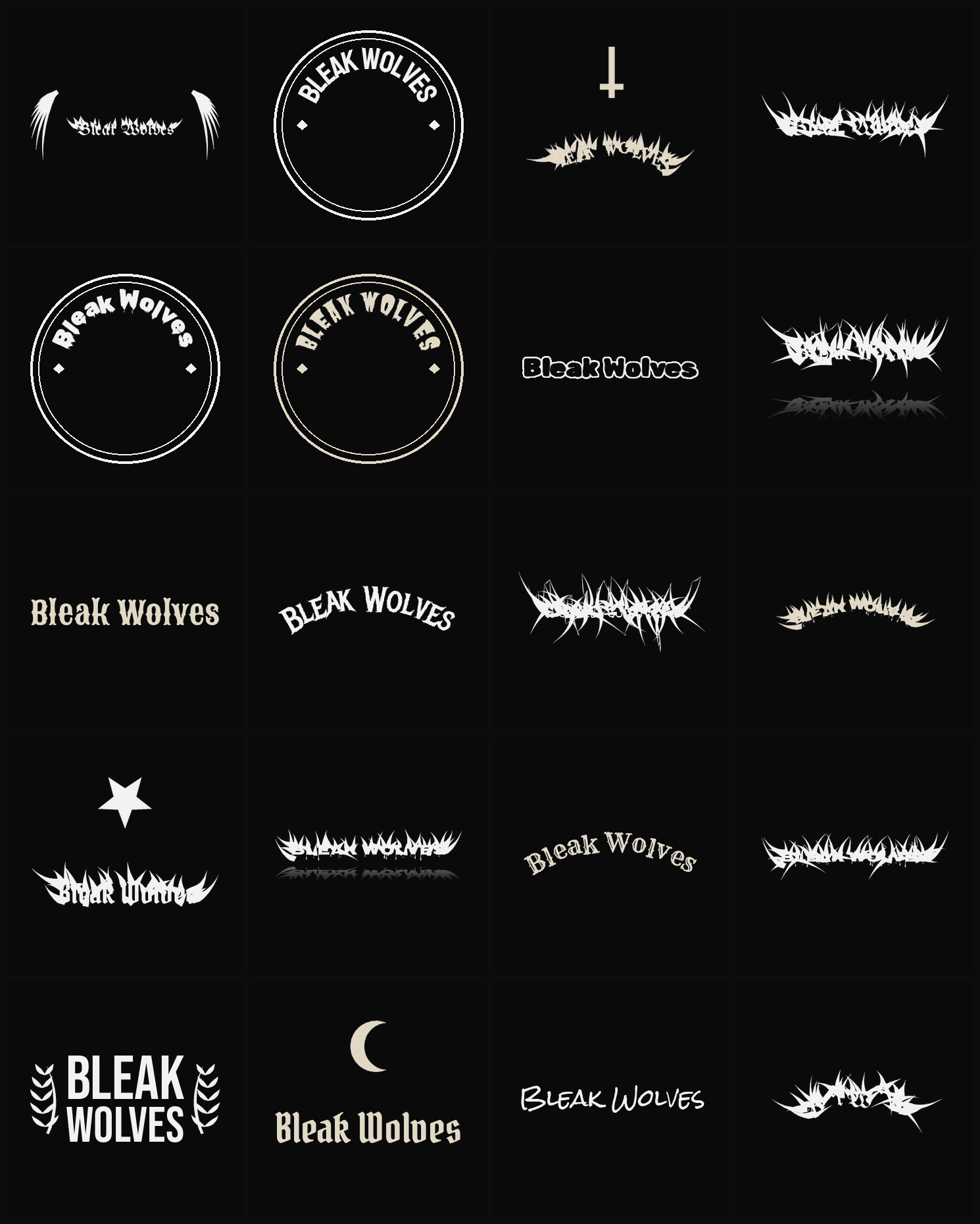 Twenty Bleak Wolves band logo ideas — different faces, treatments and spike settings