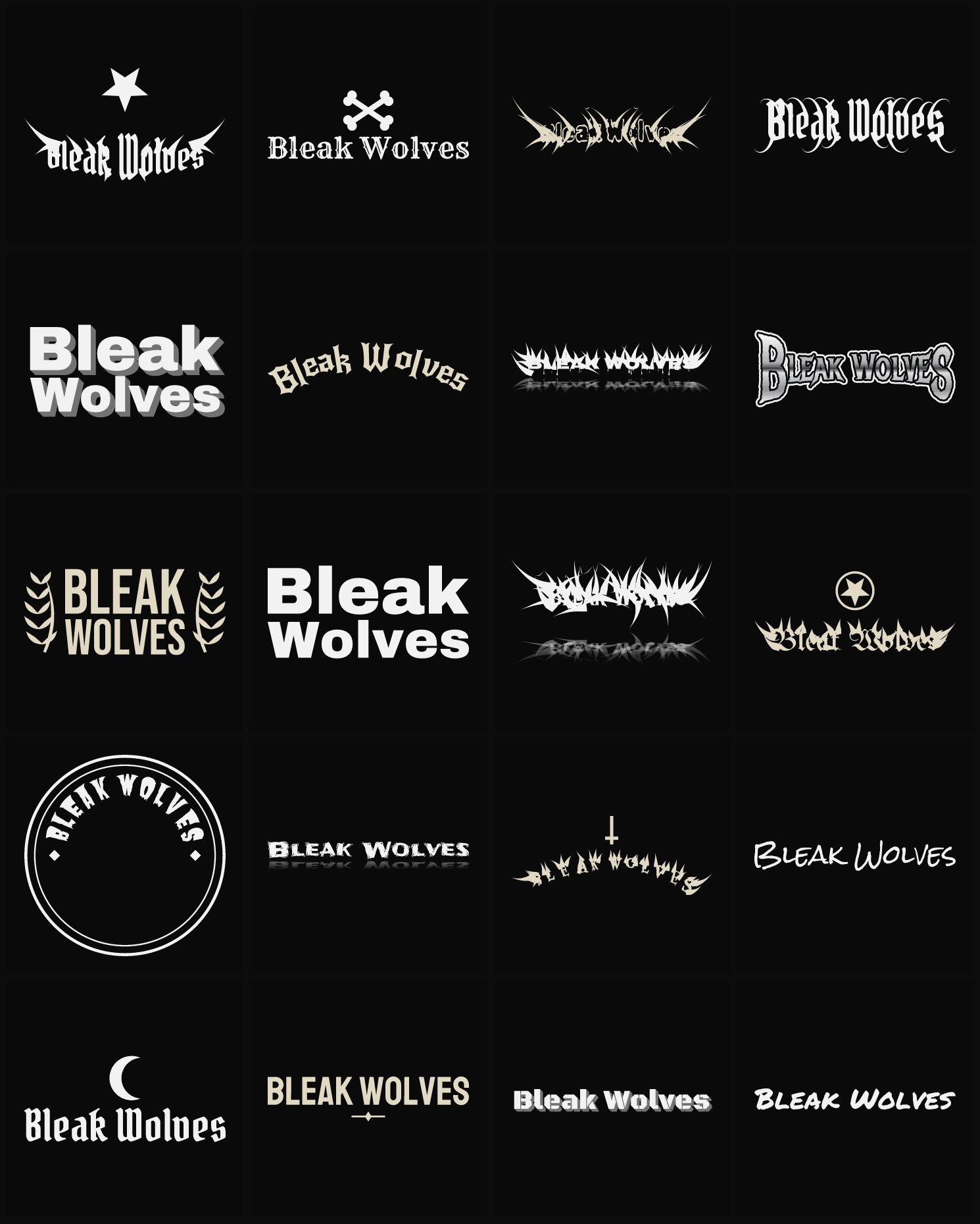 Twenty Bleak Wolves band logo ideas — different faces, treatments and spike settings