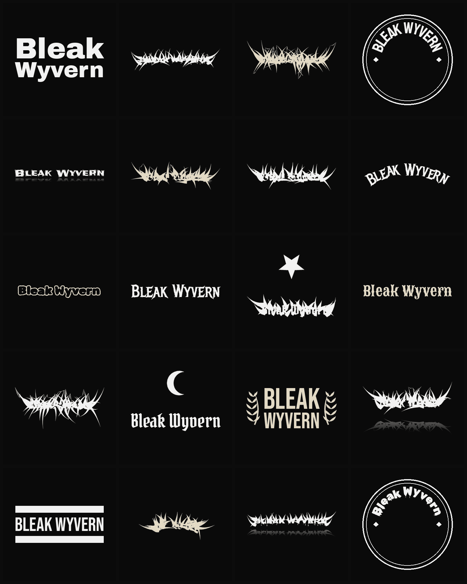 Twenty Bleak Wyvern band logo ideas — different faces, treatments and spike settings