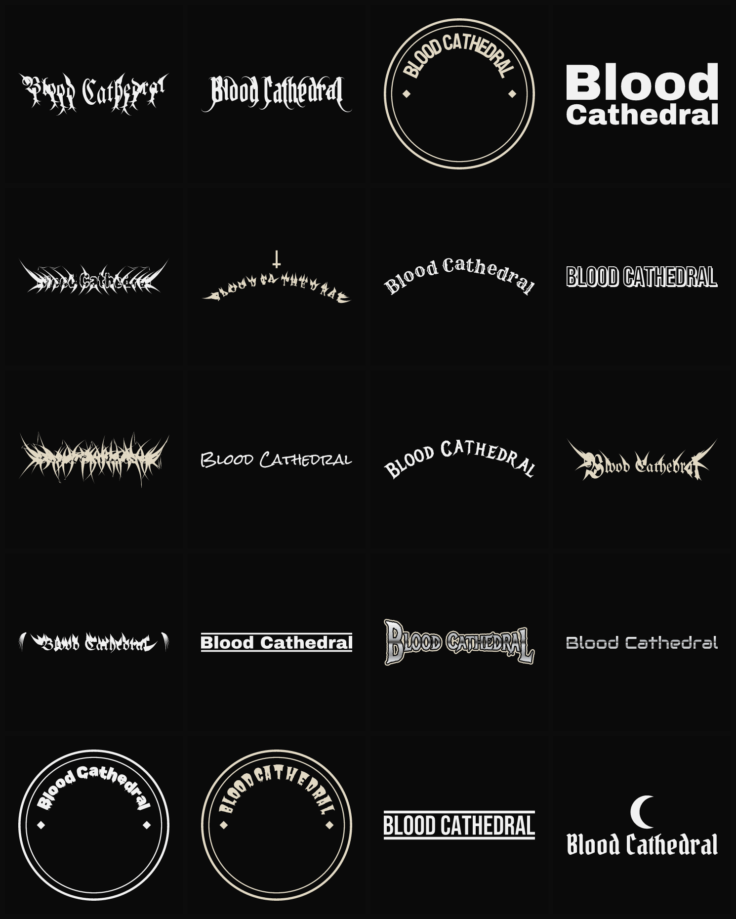 Twenty Blood Cathedral band logo ideas — different faces, treatments and spike settings