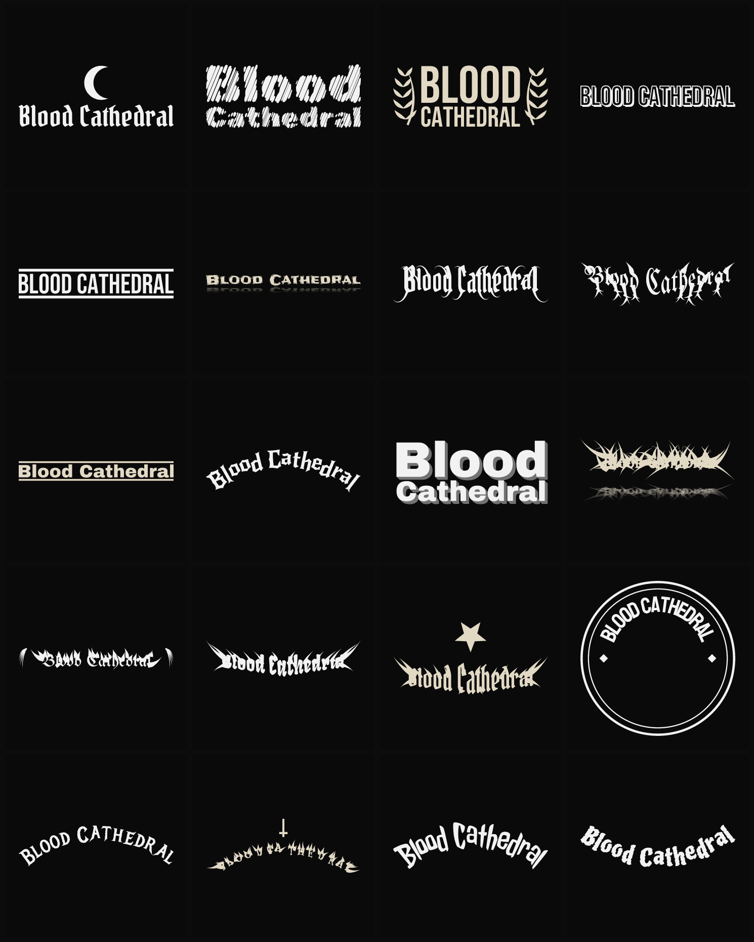 Twenty Blood Cathedral band logo ideas — different faces, treatments and spike settings