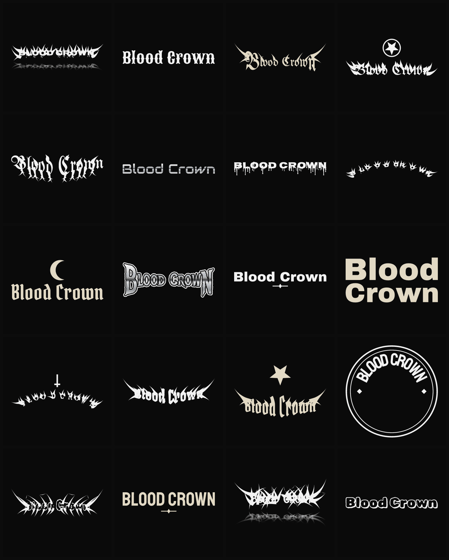 Twenty Blood Crown band logo ideas — different faces, treatments and spike settings