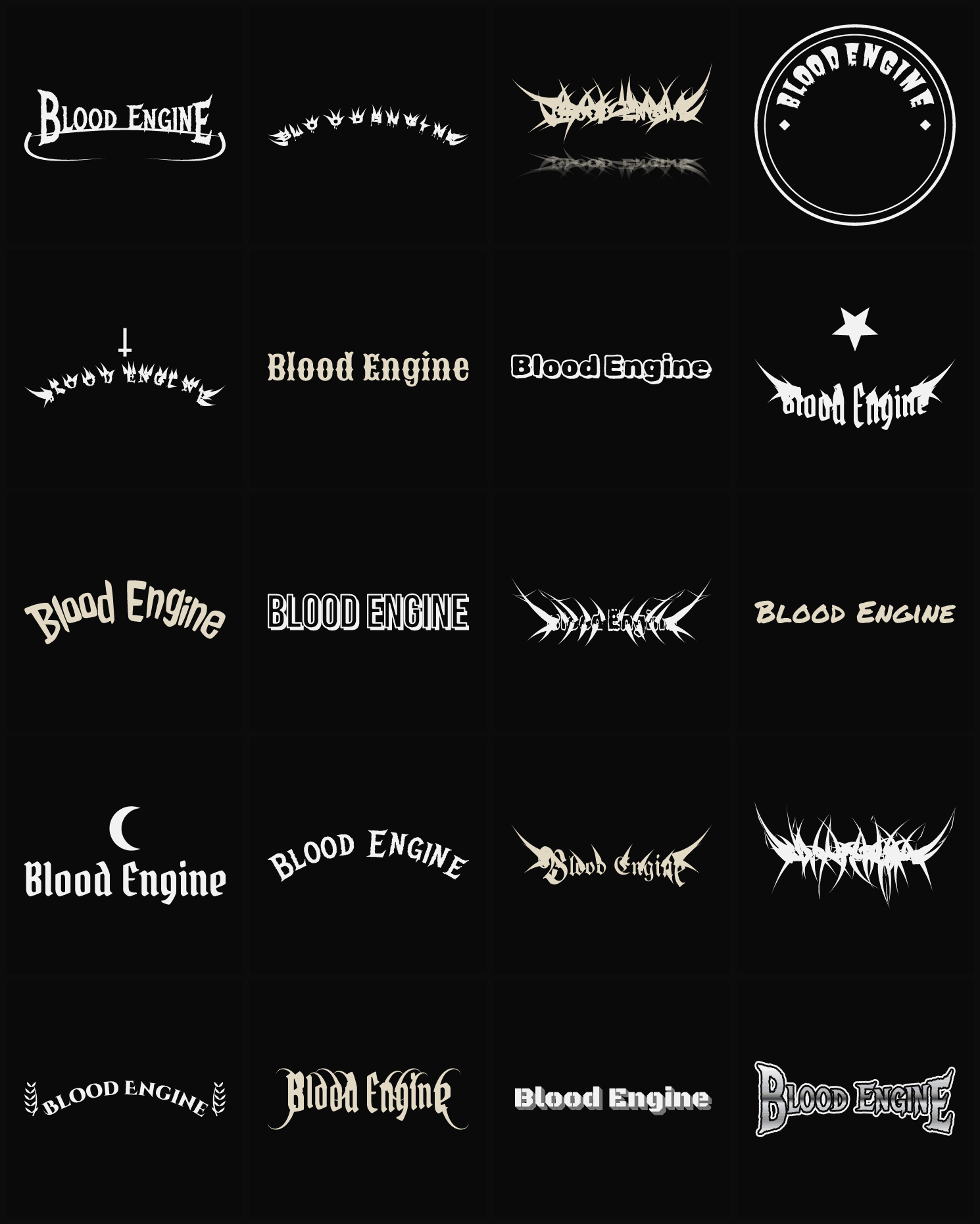 Twenty Blood Engine band logo ideas — different faces, treatments and spike settings